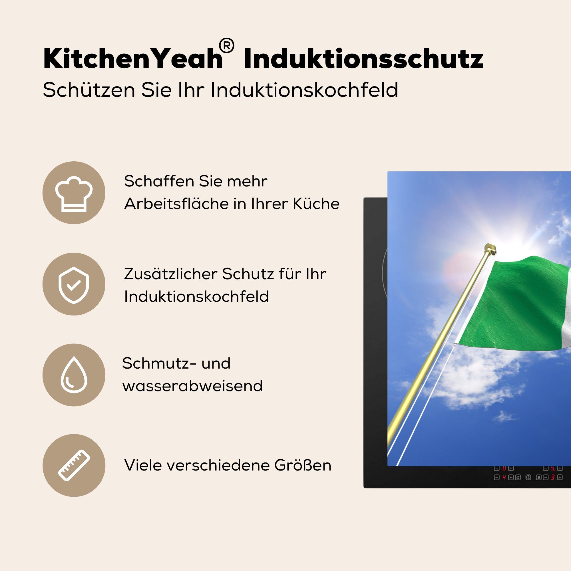 weht Induktionskochfeld Italiens (1 Himmel, Flagge 81x52 küche, cm, Ceranfeldabdeckung Vinyl, MuchoWow Schutz tlg), Herdblende-/Abdeckplatte für am Die die