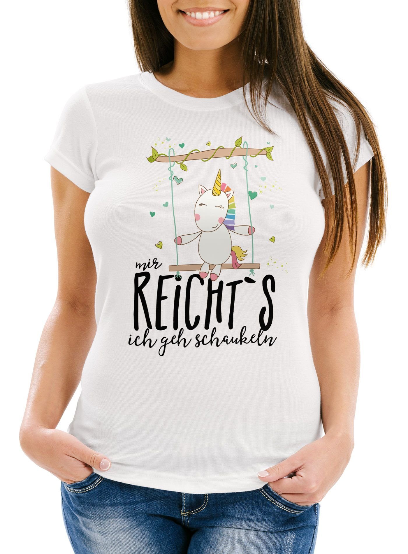 MoonWorks Print-Shirt Damen T-Shirt Einhorn auf Schaukel "Mir reicht`s ich geh schaukeln" mit Print