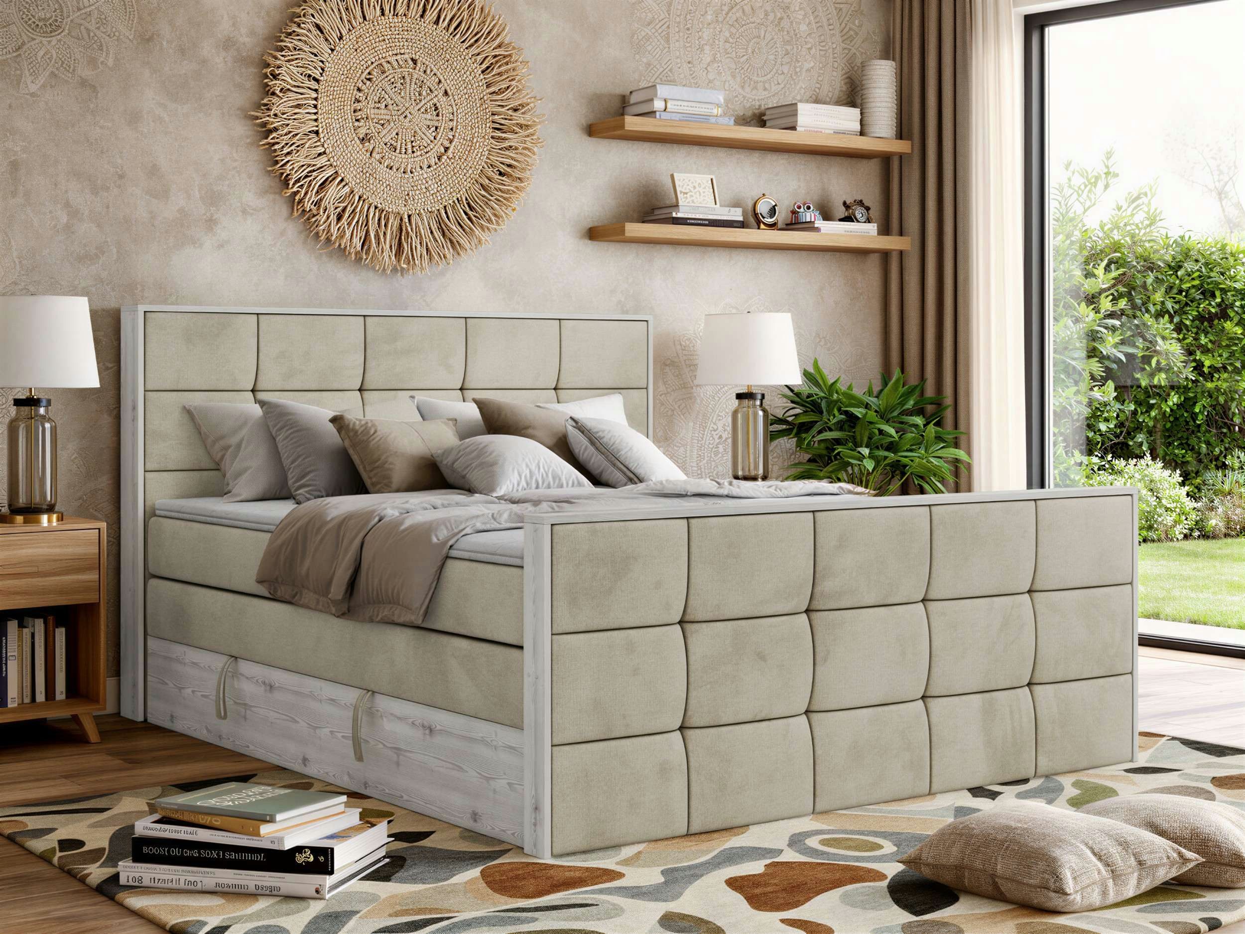 MKS MÖBEL Boxspringbett ALNOR KING DUO (Packung, Set, Bettkästen, Topper T25/Visco, H3/H4, 140-200x200 cm), Doppelbett, Multipocket-Matratzen, Boxspringbett, Kopfteil, Fußteil