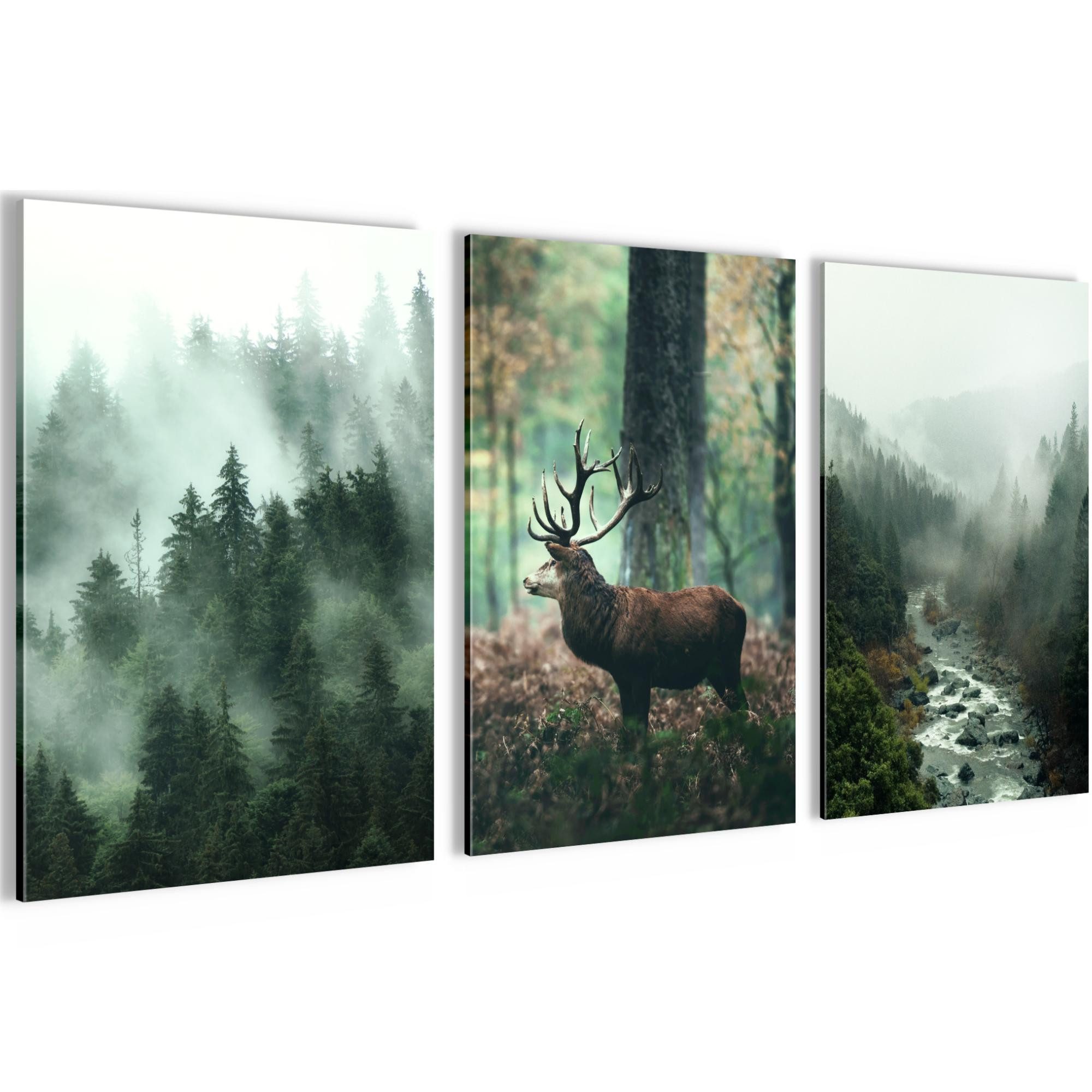 Novart Wandbild Wald Natur Bilder Set 3 Teilig Wohnzimmer Schlafzimmer Deko, Hirsch