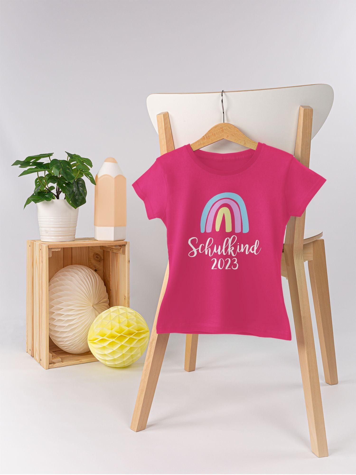 Shirtracer T-Shirt Schulkind 2023 Regenbogen Pastell Einschulung Weiß Mädchen Fuchsia / 1