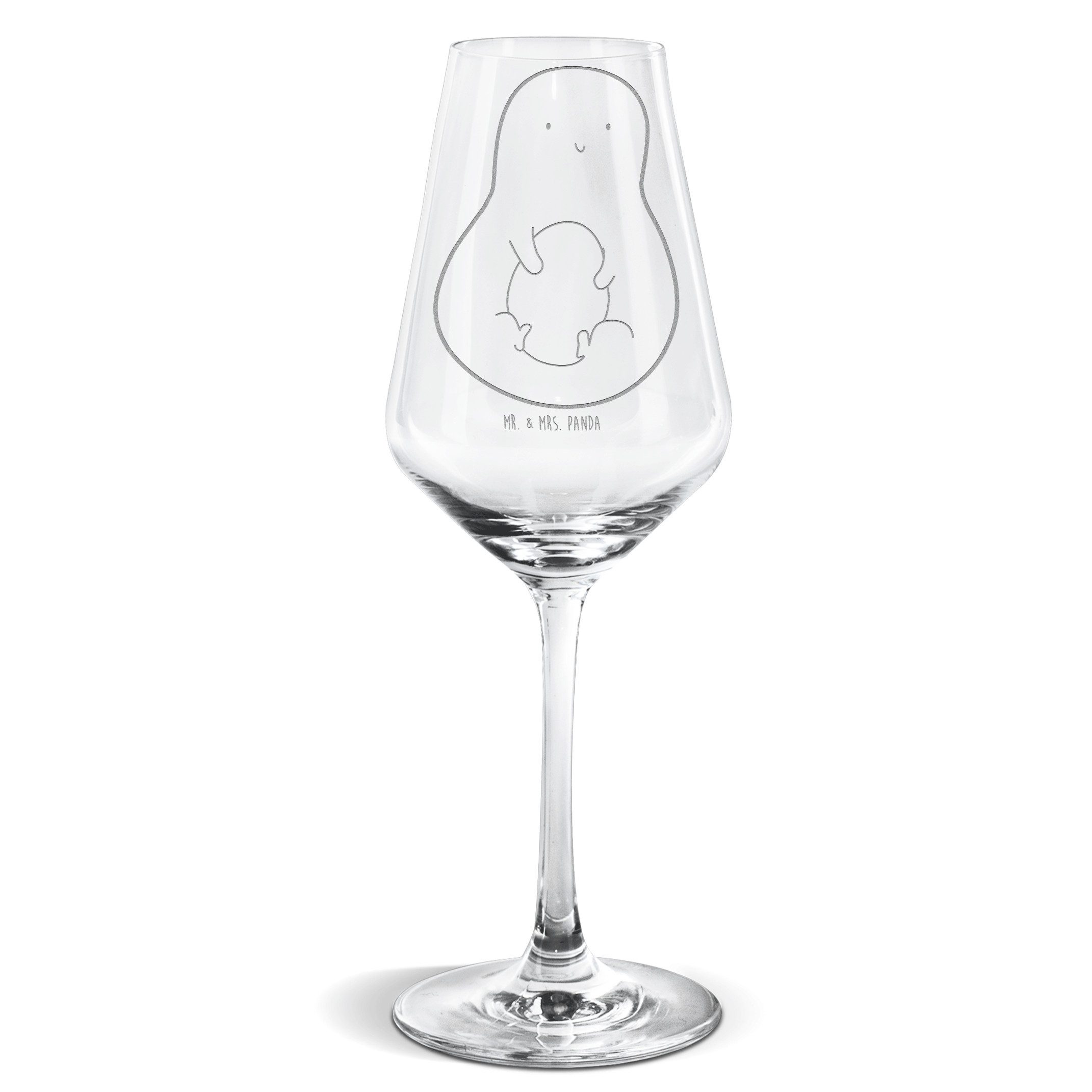 Mr. & Mrs. Panda Weißweinglas Avocado Kern - Transparent - Geschenk, Avocadokern, Weinglas, Weißwei, Premium Glas, Einzigartig graviert