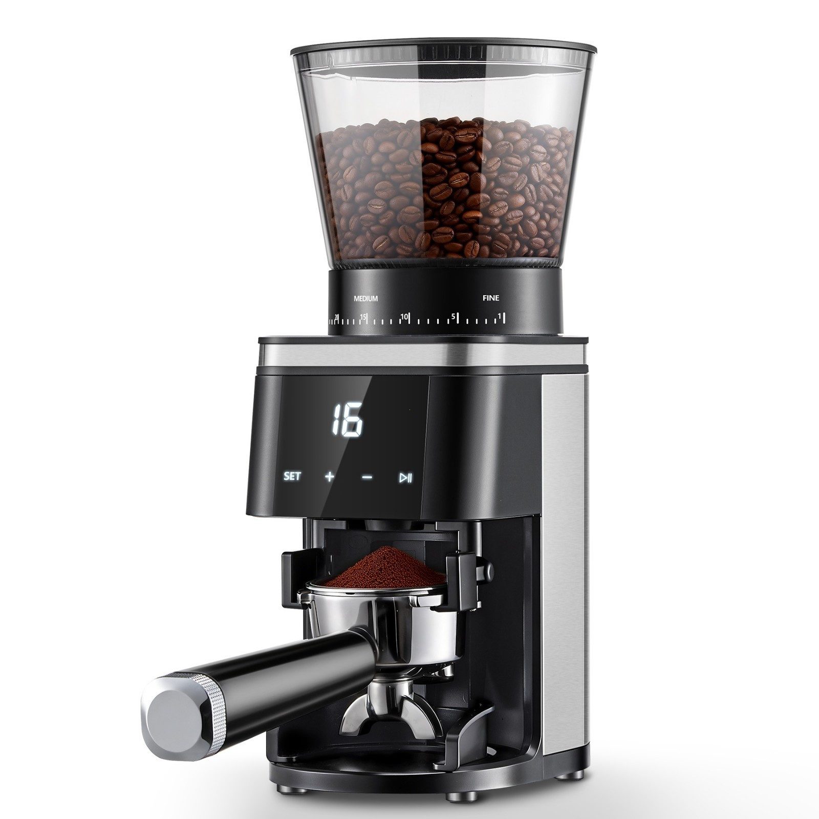 SNDOAS Kaffeemühle elektrisch mit 30 Mahlgradeinstellungen, 300g Behälter, Touchdisplay, 160 W, Kegelmahlwerk, 300 g Bohnenbehälter, 40mm Konusmahlwerk, Siebträgerhalterung & leicht zu reinigen