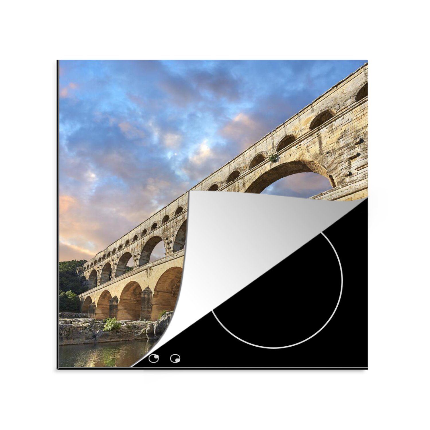 MuchoWow Herdblende-/Abdeckplatte Bunter Himmel über dem Pont du Gard in Frankreich, Vinyl, (1 tlg), 78x78 cm, Ceranfeldabdeckung, Arbeitsplatte für küche