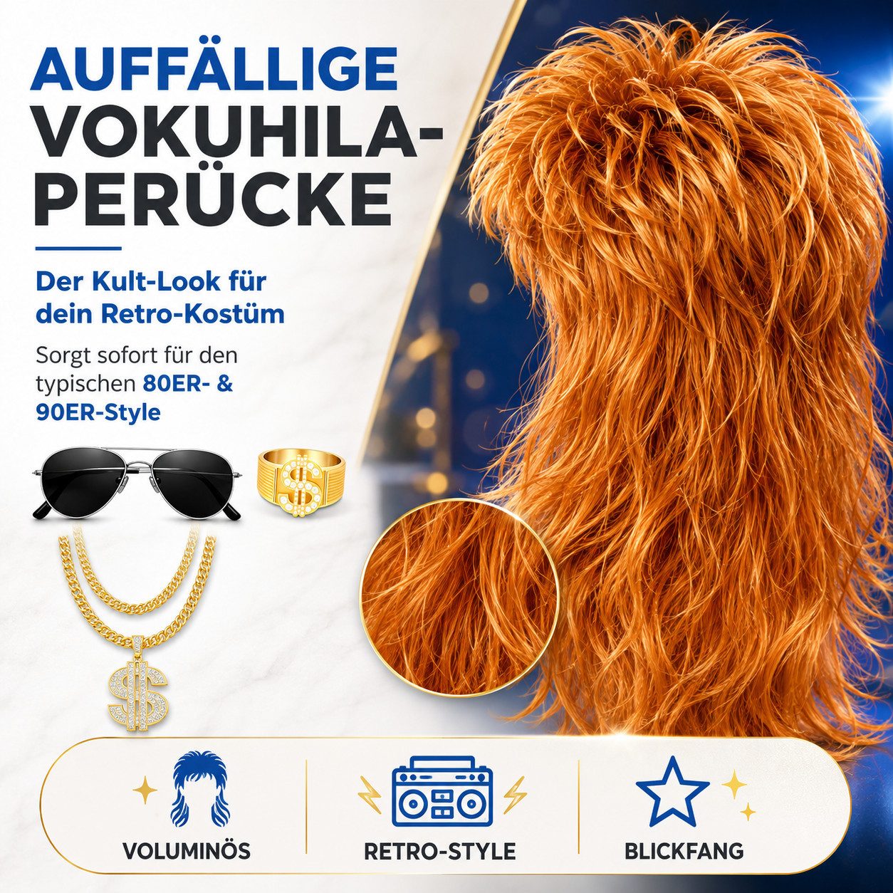 Costumed Kostüm 4-in-1 Kostüm Set für Fasching & Karneval – Vokuhila 80er & 90er