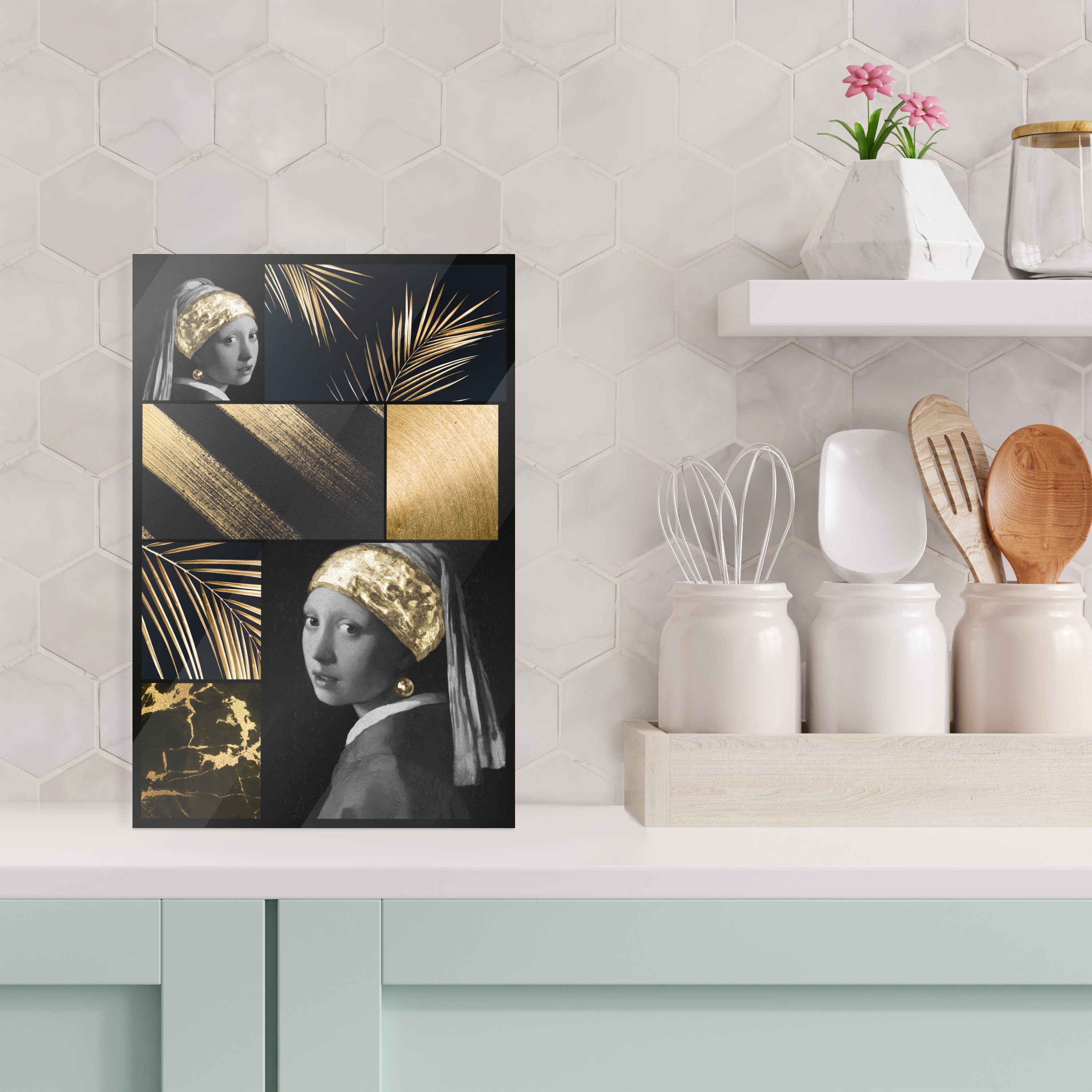 Wandbild Bilder (1 auf Foto - Wanddekoration - MuchoWow Glasbilder - - Perlenohrring, - St), Schwarz Gold Glas auf Collage Acrylglasbild Mädchen Glas mit -
