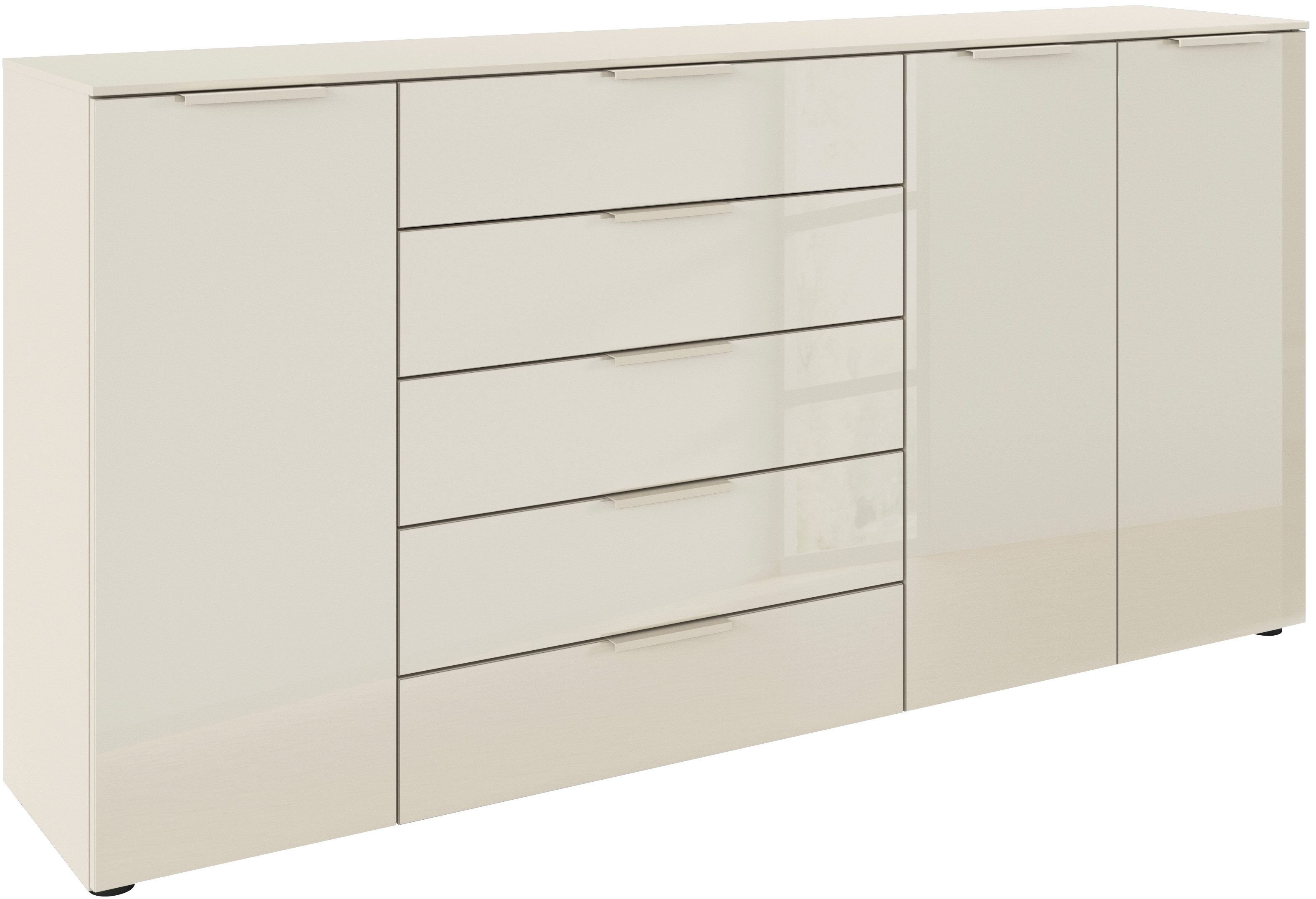 rauch Kombikommode Kommode Türkommode Sideboard Kombikommode FLIPP mit Glasfront (Breite 200 cm mit 4 Einlegeböden), 3-türig mit 5 Schubladen und Soft-Close-Funktion sowie Glasfront