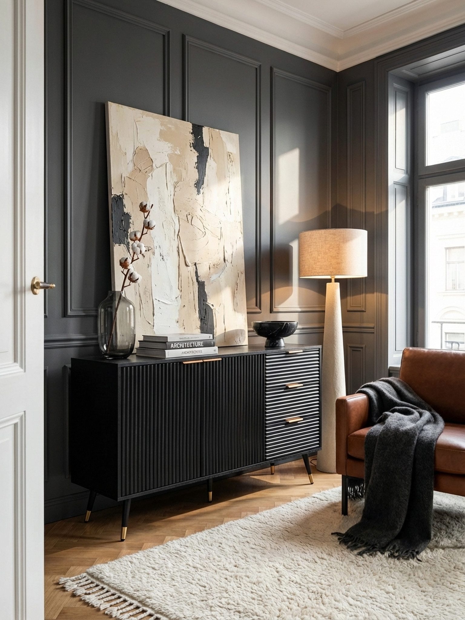 KADIMA DESIGN Kommode Sideboard 120x80x40 cm Anrichte Schwarz mit Eiche-Dekor, Kommode mit (Standschrank Wohnzimmer Metallbeine), Türen und Schubladen, Kommodenschrank Flurschrank Modern