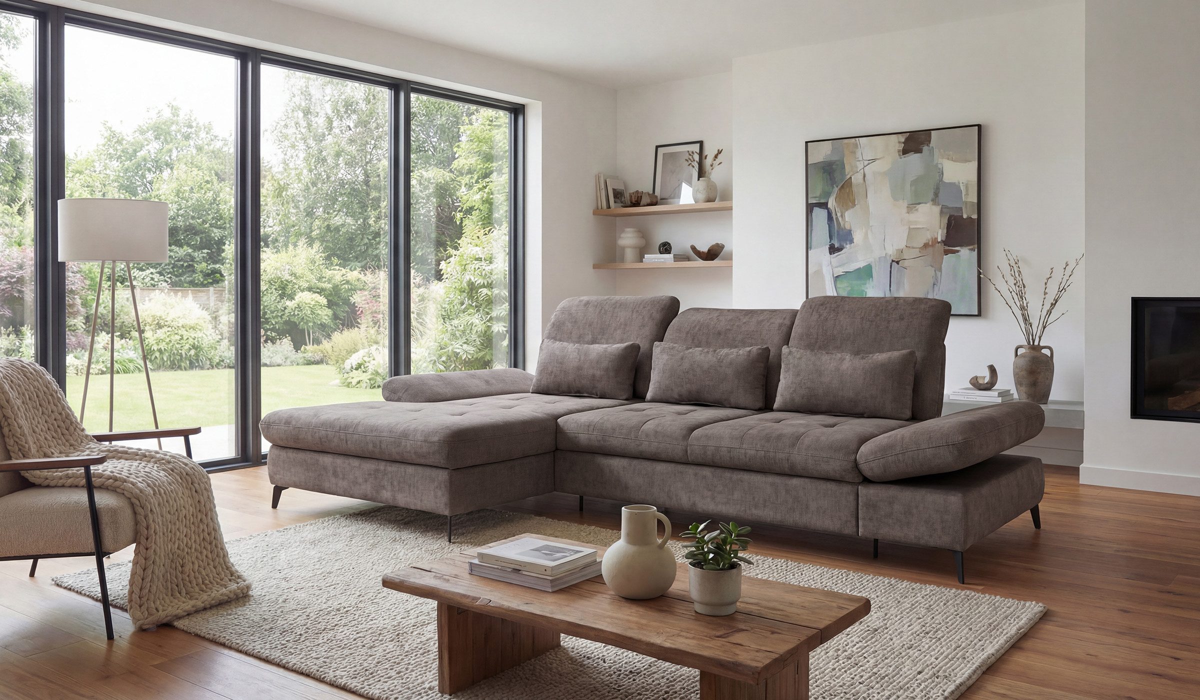 Hygger Möbelhaus Ecksofa Nola L-Form 300 x 170 cm. Wahlweise mit Bettfunktion und Bettkasten., Inkl. Sitztiefenverstellung, Kopfteilverstellung, Armteilverstellung, funktionales Design im minimalistischen Stil.