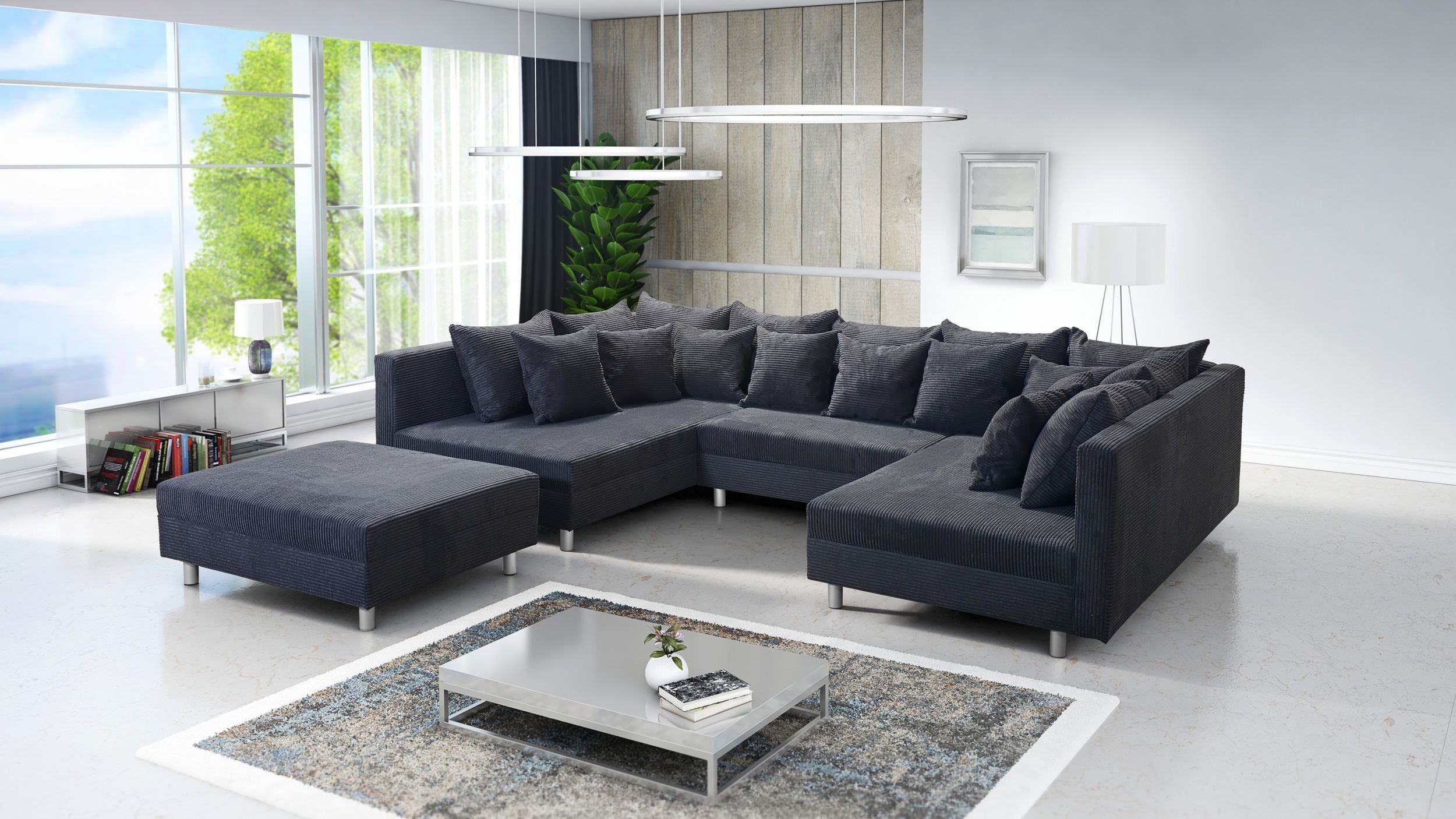 Minsk in Cordstoff Couch XXL, U-Form Sofa Hocker Sofa Sofa Küchen-Preisbombe grau Ecksofa mit Eckcouch Wohnlandschaft