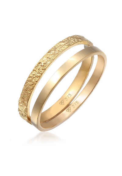 Elli Premium Ring-Set Bandring Basic Gehämmert (Set 2-tlg) 375 Gelbgold