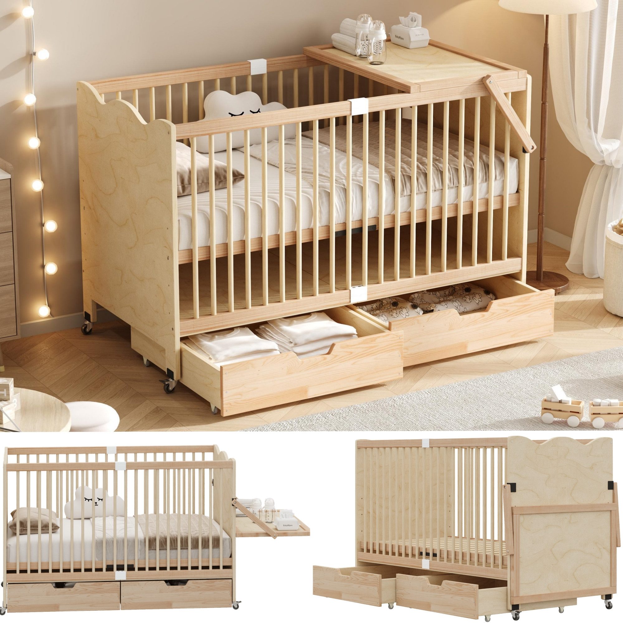 Flieks Babybett 4-stufige Lattenrost-Höhenverstellung, Bewegliches Gitterbett 70x140cm mit 2 Schubladen und Wickeltisch