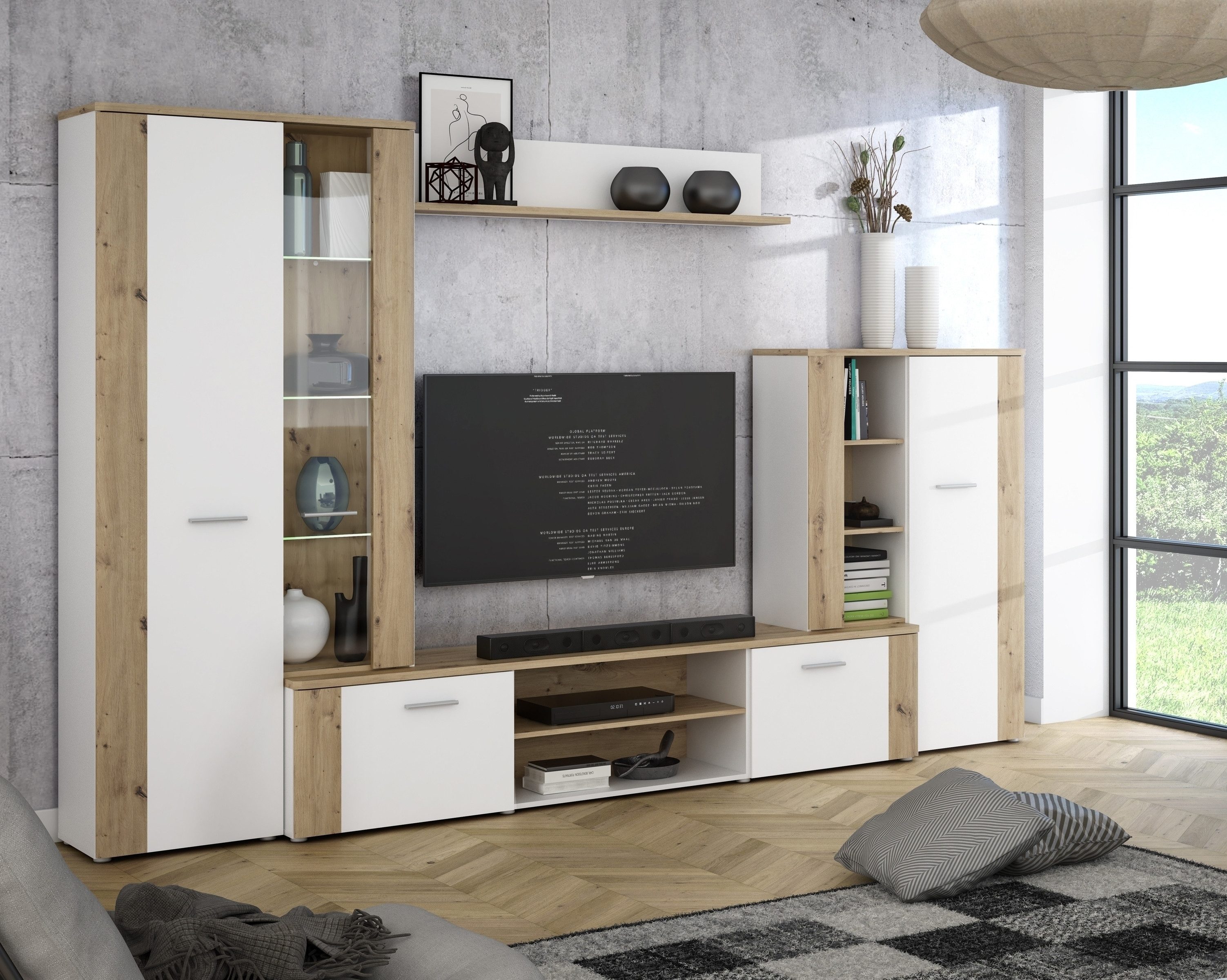 FORTE Wohnwand in Weiss / Artisan Eiche - 310x197,6x41,6cm (BxHxT)