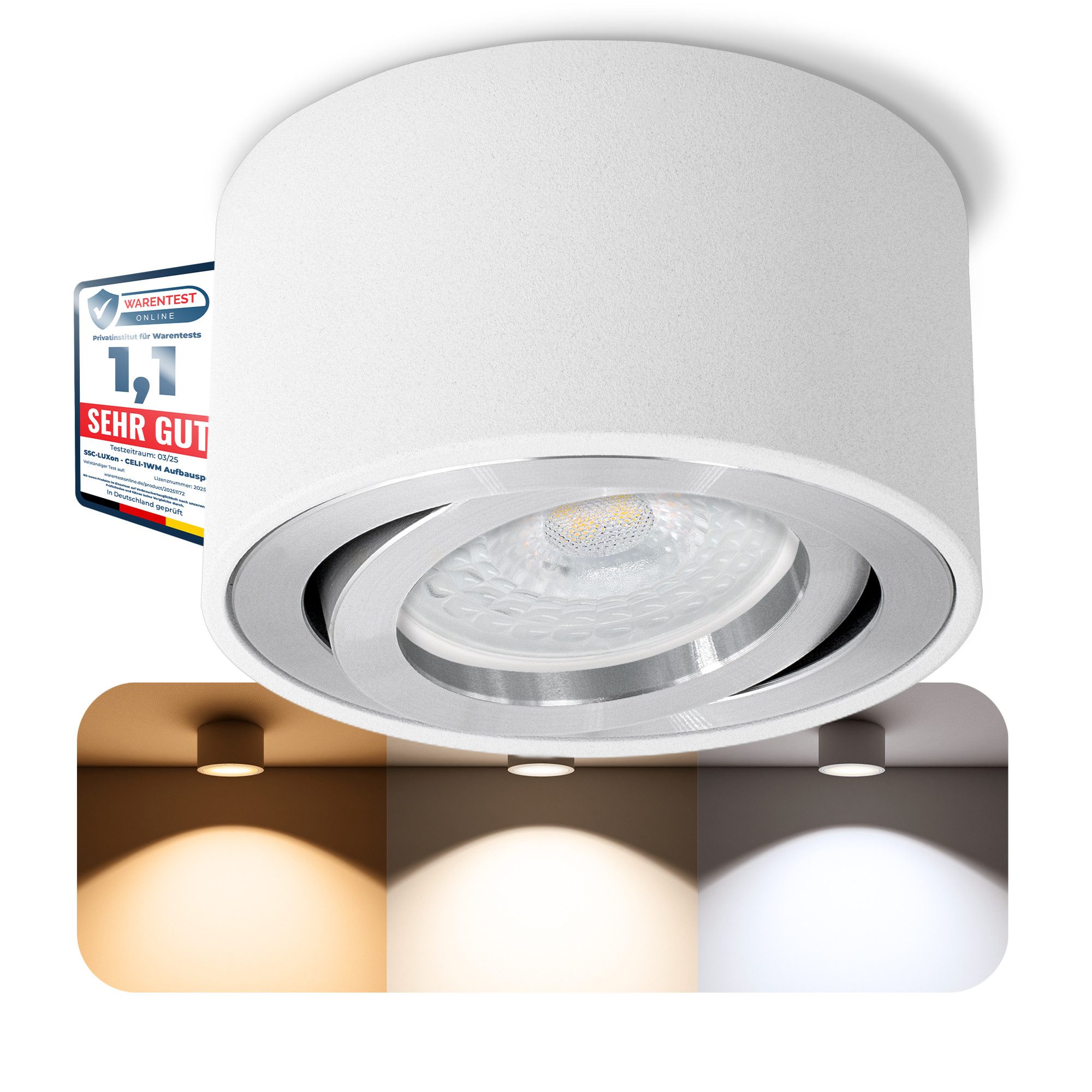SSC-LUXon LED Aufbaustrahler CELI-1W flacher Decken Aufbauspot weiss schwenkbar mit LED Modul 4W, Neutralweiß, Warmweiß, Tageslichtweiß