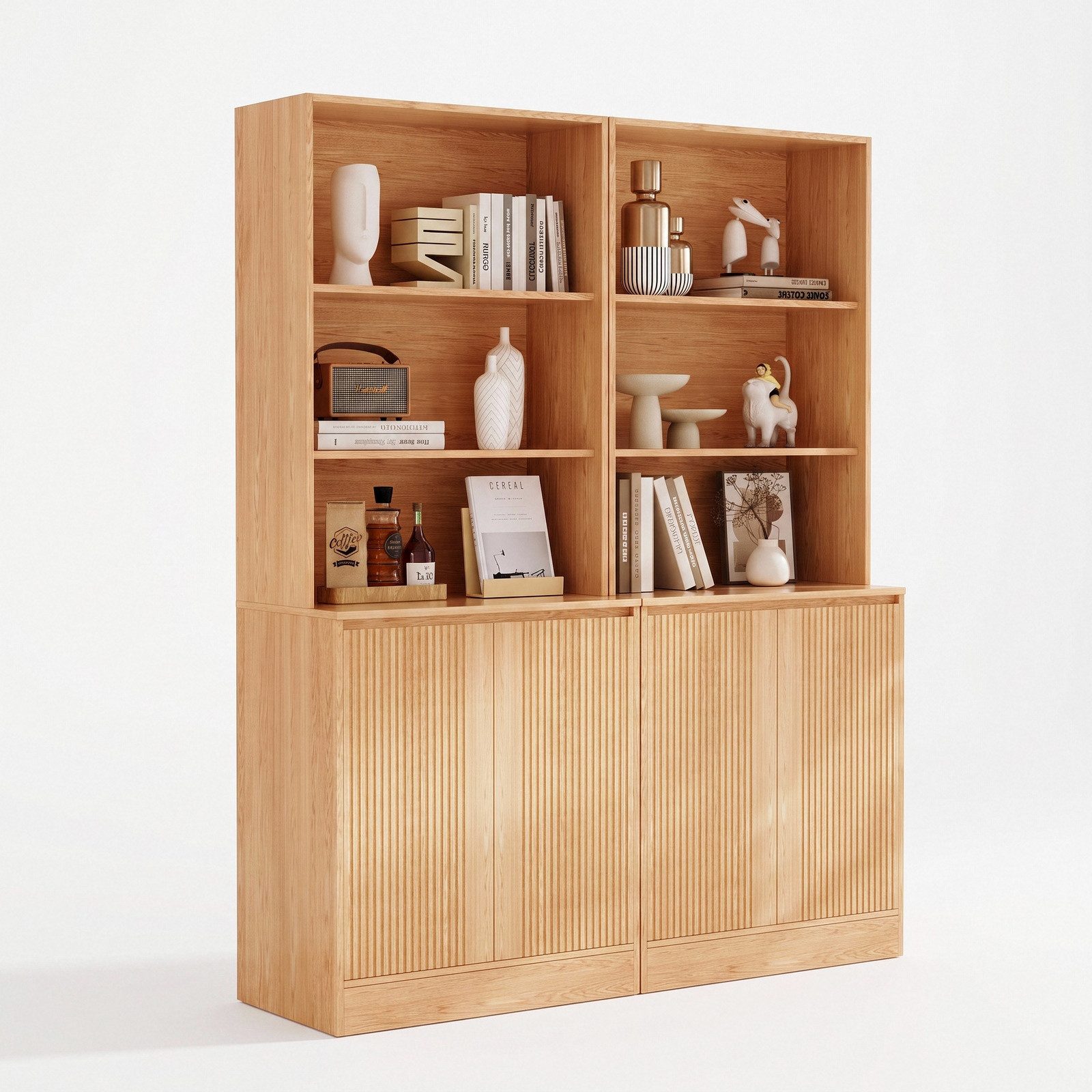 VOWNER Bücherregal 5-stöckig mit 2 Holztüren, 180 cm hoher Standregal mit offenen Fächern, 2-tlg., Mehrzweckschrank, Wohnzimmerschrank, Küchenregal, Sideboard – Bild 3 von 5