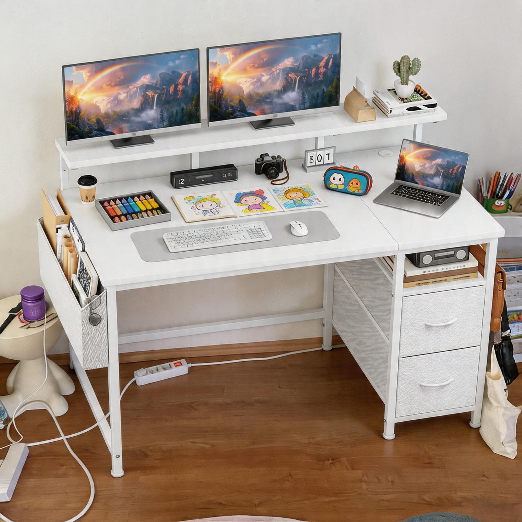 Klyvvo Eckschreibtisch Computertisch, Schreibtisch mit 2 Schubladen Bieten Stauraum (1-St., mit Monitorständer, 2 Ablagehaken), Kompakte Maße Passen Gut in Studierende, Home-Office-Arbeiter