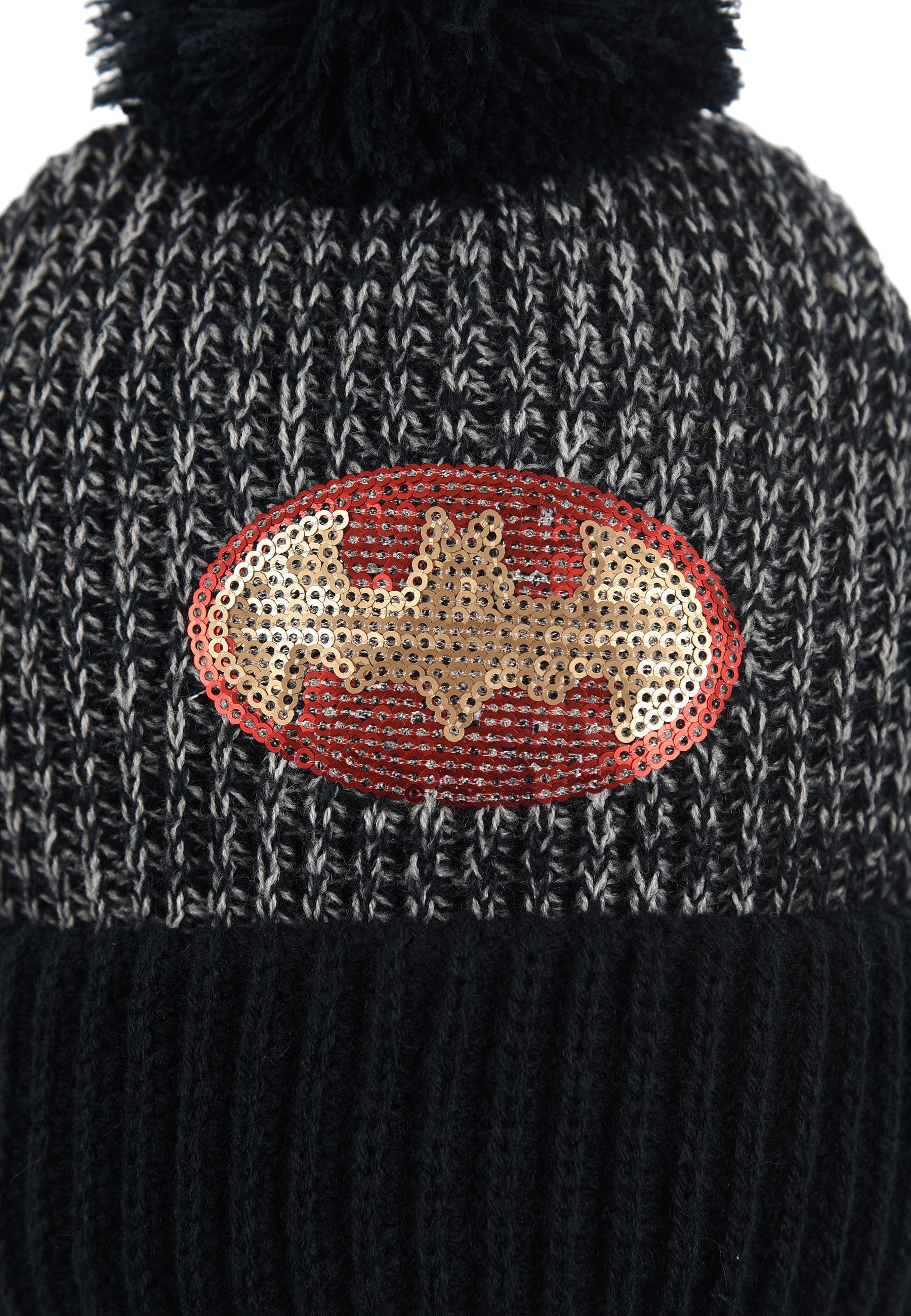 aus Winter-Mütze Spider-Man Strickmützte Bommel Logo Grau Batman Bommelmütze Pailletten