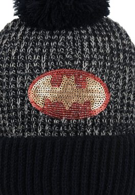Batman Bommelmütze Spider-Man Strickmützte Winter-Mütze Bommel Logo aus Pailletten