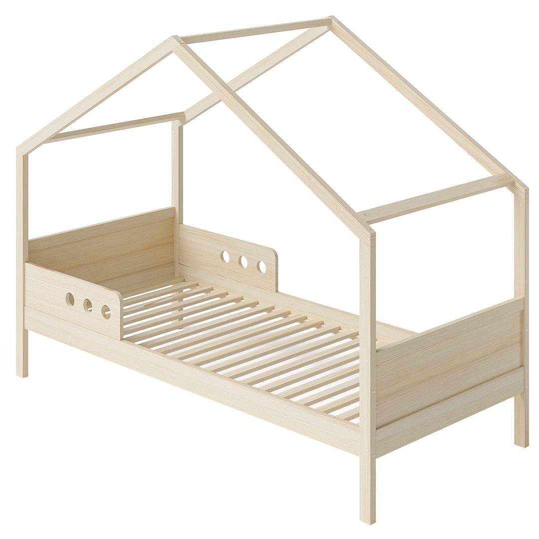 Bellabino Hausbett Bela 90x200 cm aus Massivholz Kiefer (natur, optional mit Matratze), Kinderbett mit verstellbarem Rausfallschutz
