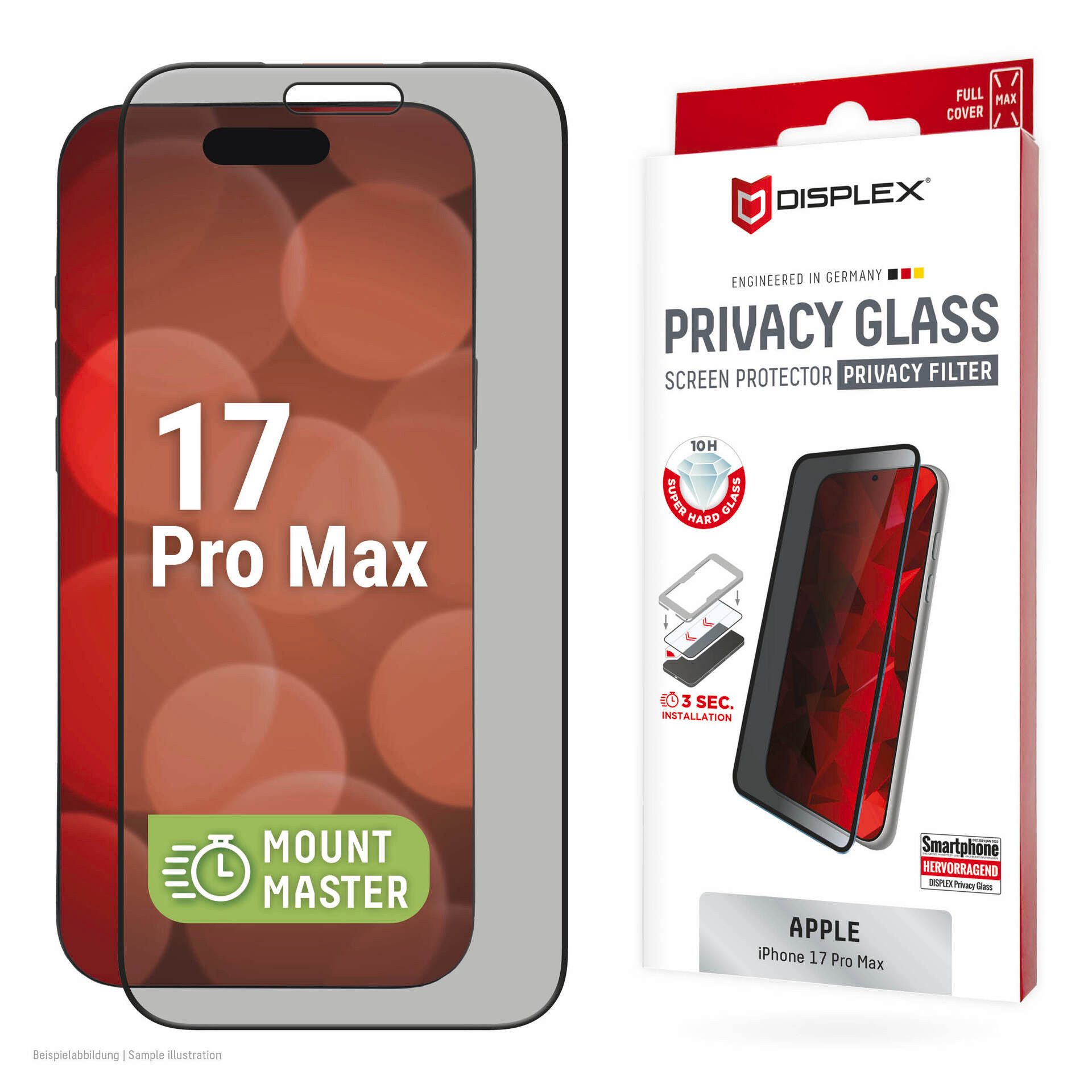 Displex Displayschutzglas Privacy Glass Screen Protector mit EASY-ON MountMaster für Apple iPhone 17 Pro Max, Displayschutzfolie, Schutzfolie, Bildschirmschutz, kratz- & stoßfest