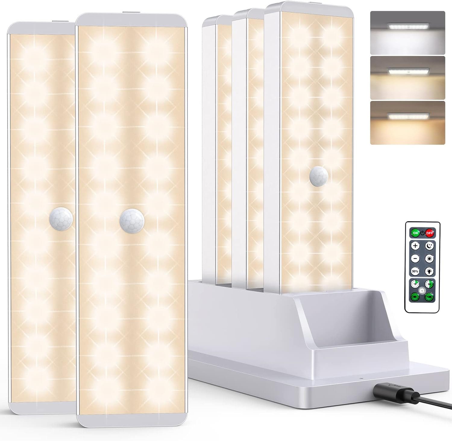 Xruiy Unterbauleuchte, Bewegungsmelder 3er Set mit Ladestation, 3 Farbtemperaturen Dimmbar, 800mAh Akku, Magnetisch für Schrankbeleuchtung Küche