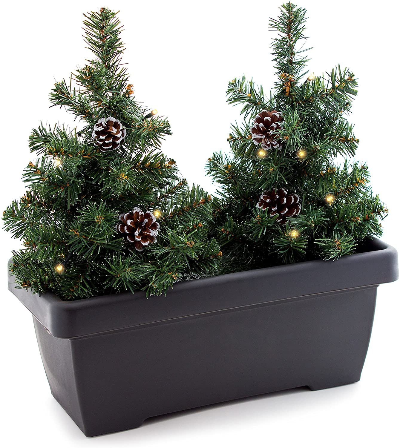 BRUBAKER Blumenkasten Künstliche Weihnachtsbäume in Pflanzkasten (LED Lichterkette, 1 St