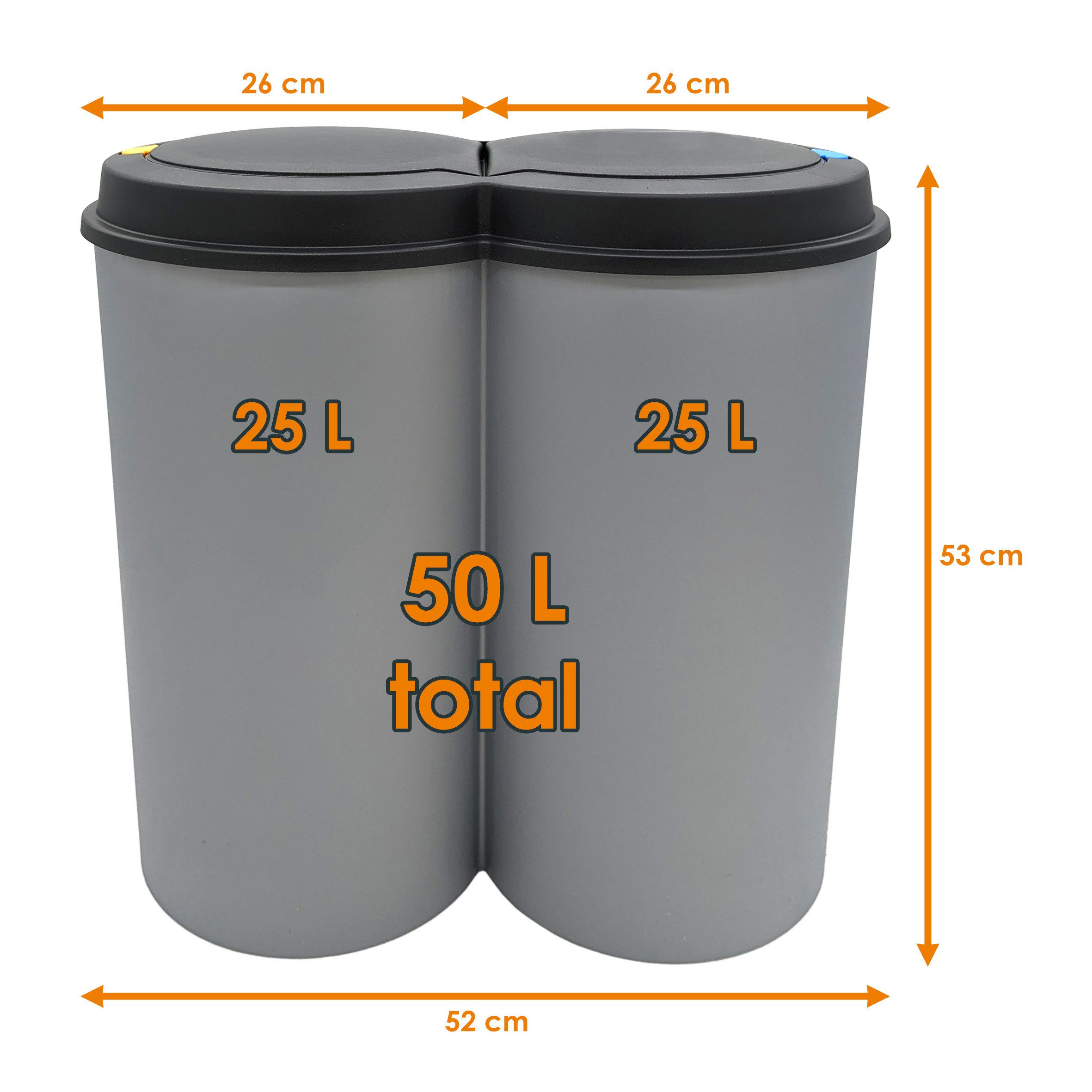 Spetebo Mülleimer Abfalleimer 2x25 Liter Duo Bin Doppel Müll Eimer Abfall Trenner, Deckel mit Druckknopf
