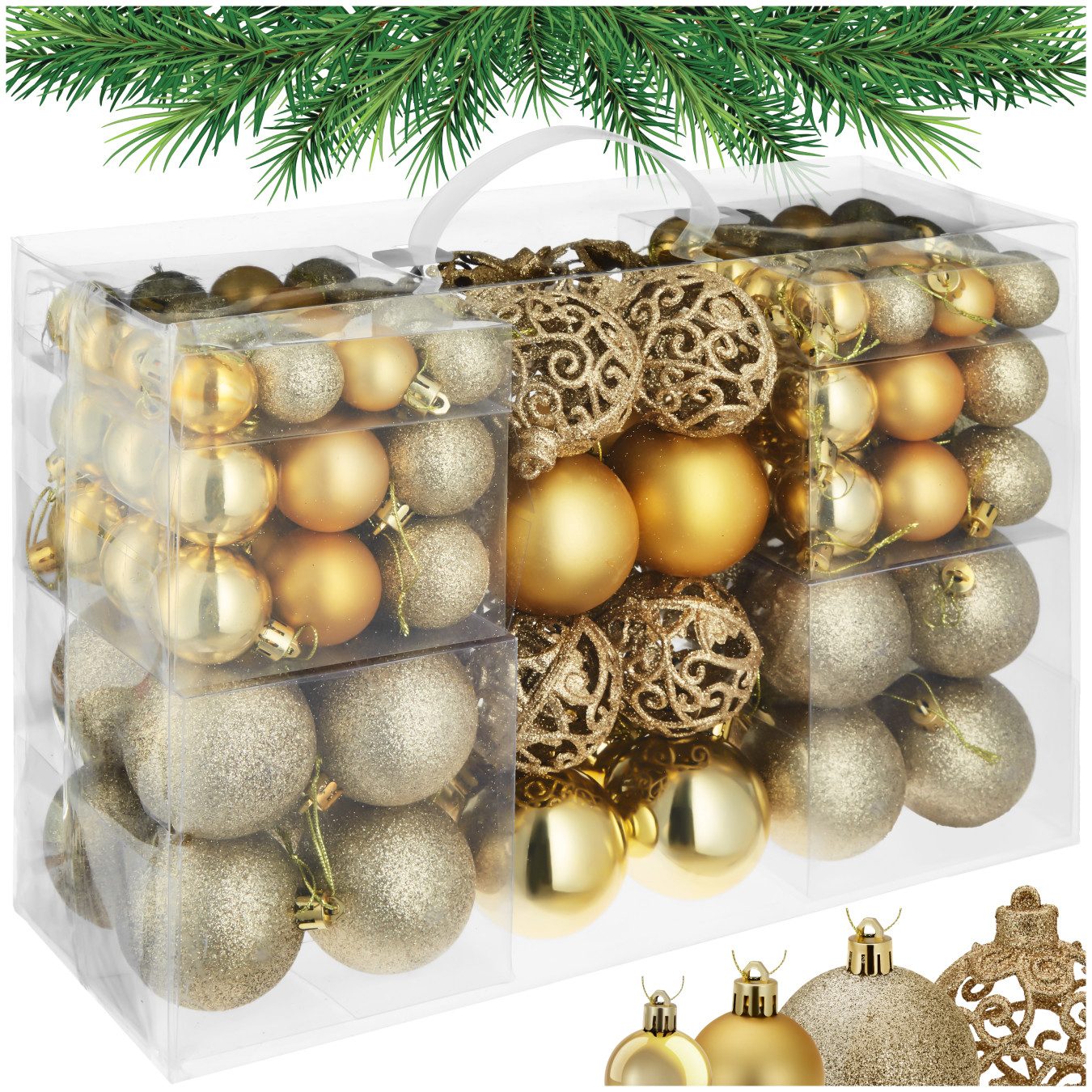 tectake Weihnachtsbaumkugel Weihnachtsdeko 100er-Set, Durchmesser 3, 4 und 6 cm (1 St), aus bruchsicherem Kunststoff, Schnüre zum Aufhängen