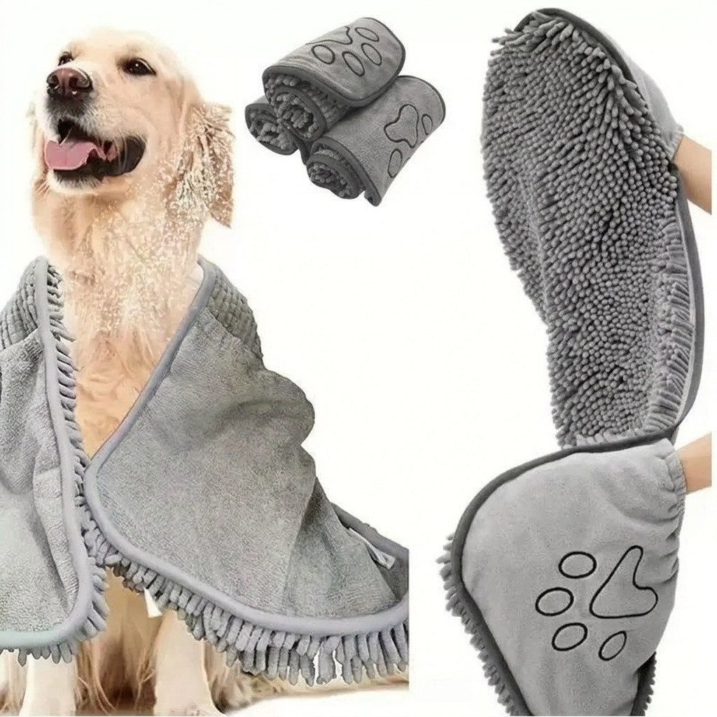 Illes-Laedchen Hundehandtuch Hundehandtuch Mikrofaser mit Eingrifftaschen saugstark, schnelltrocknend, 62 x 23 cm, Grau