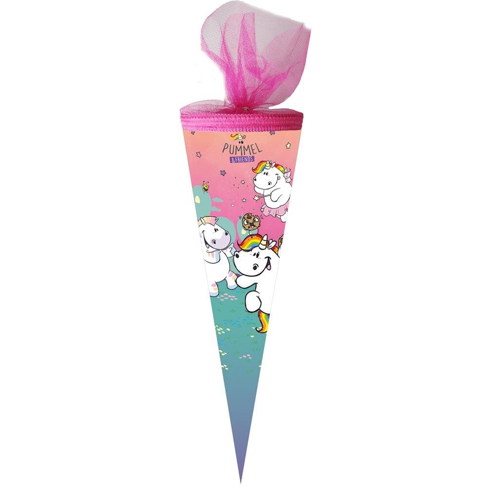 Nestler Schultüte Pummel & Friends, 50 cm, rund, mit pinkem Tüllverschluss, Zuckertüte für Schulanfang