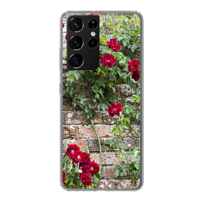 MuchoWow Handyhülle Kletterpflanze mit roten Blüten an einer Steinmauer Phone Case Handyhülle Samsung Galaxy S21 Ultra Silikon Schutzhülle