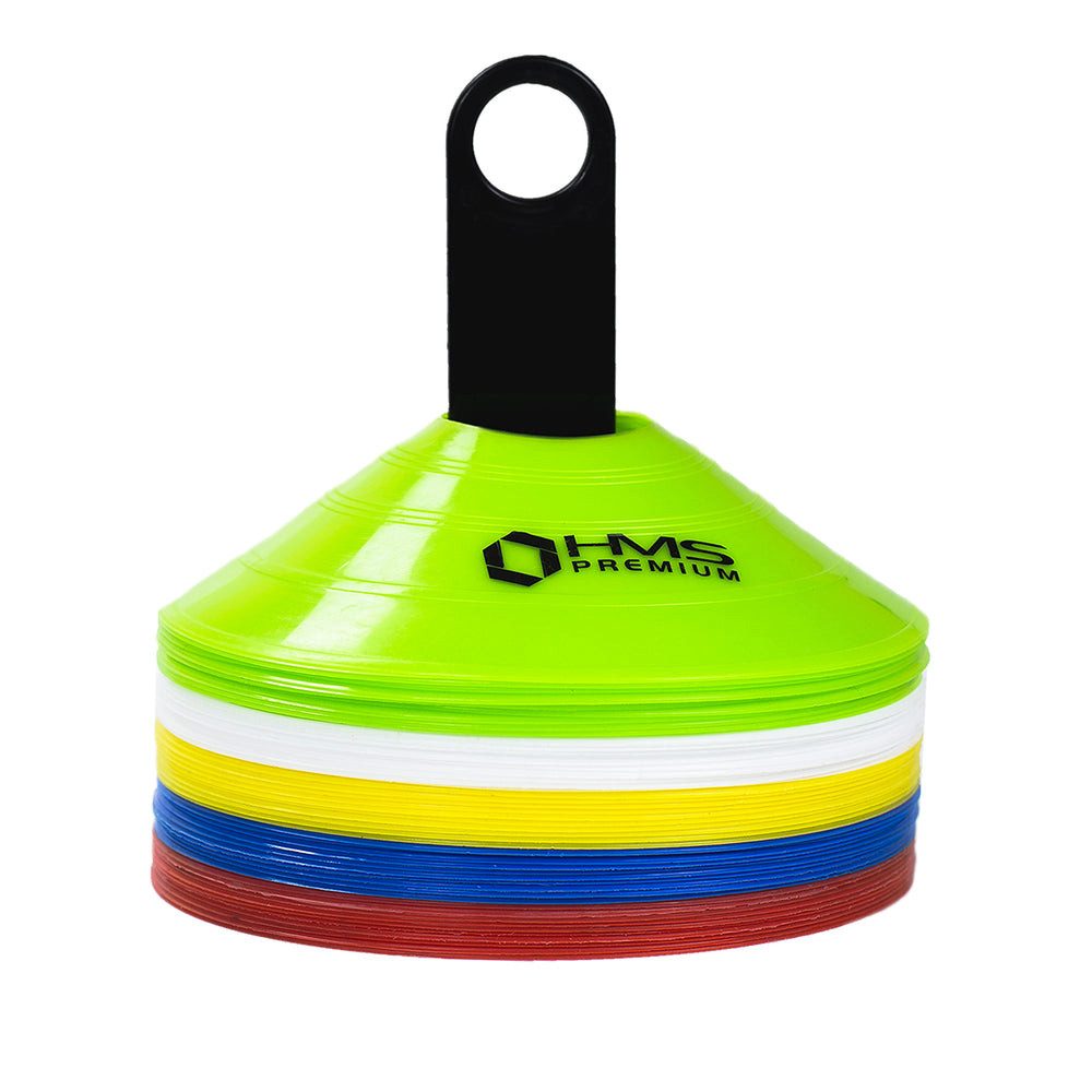 HMS Markierungskreis Markierungshütchen Trainingshütchen Markierungshauben, Spar-Set, 50-tlg., 20 x 5 cm bunt, 50 Stück, Trageständer, Beutel, 5 Farben