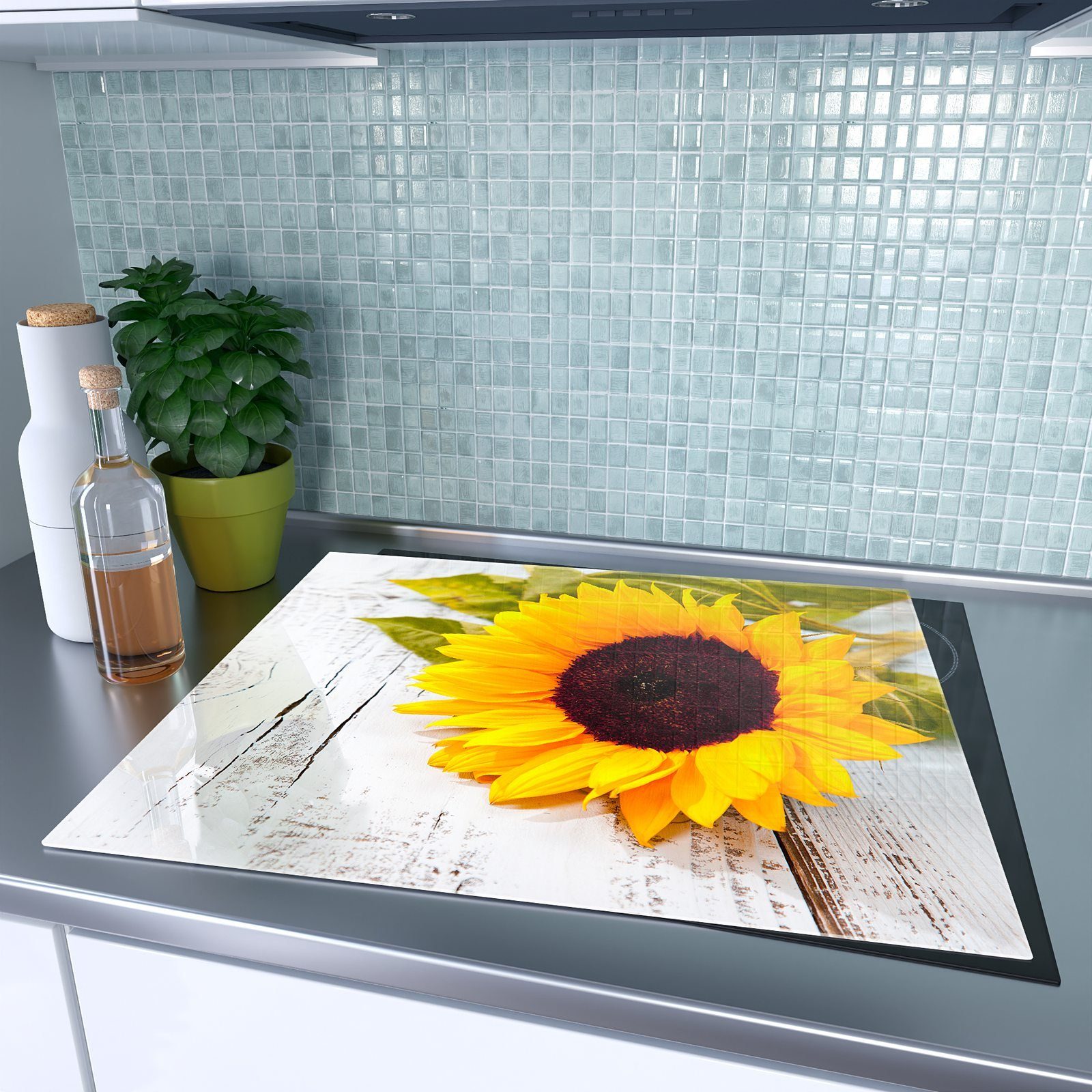 Primedeco Herd-Abdeckplatte Herdabdeckplatte Spritzschutz aus Holztisch, tlg) Sonnenblume Glas auf Glas, (1