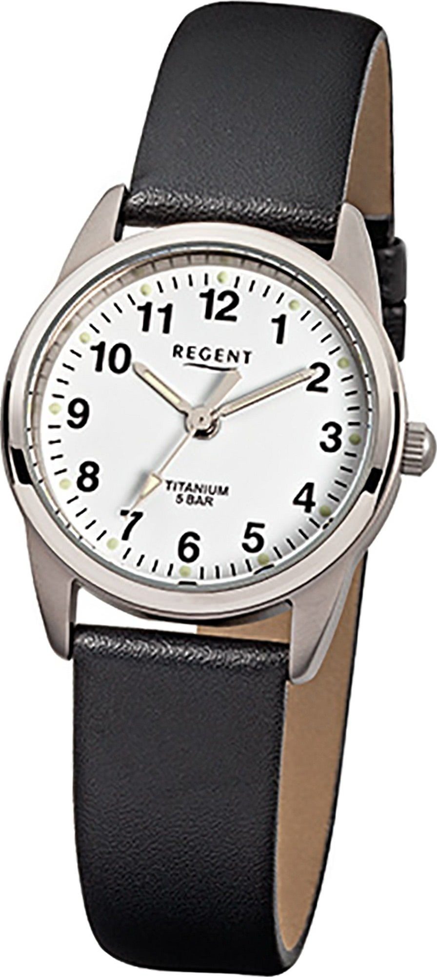 Regent Quarzuhr Regent Leder Damen Uhr F-441 Quarzuhr, Damenuhr Lederarmband schwarz, rundes Gehäuse, klein (ca. 26mm)