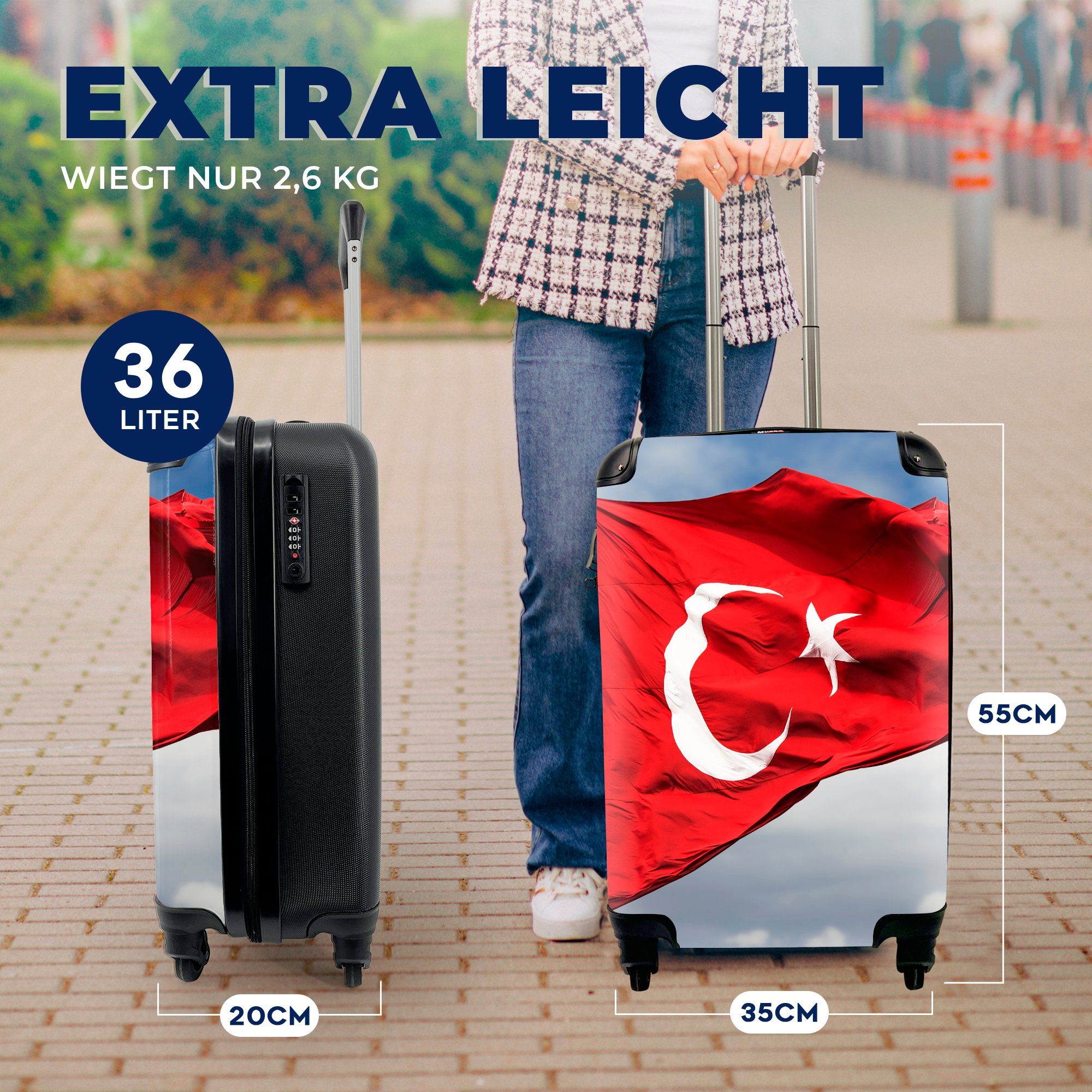 MuchoWow Handgepäckkoffer Eine türkische Flagge im Wind, 4 Rollen, Reisetasche mit rollen, Handgepäck für Ferien, Trolley, Reisekoffer
