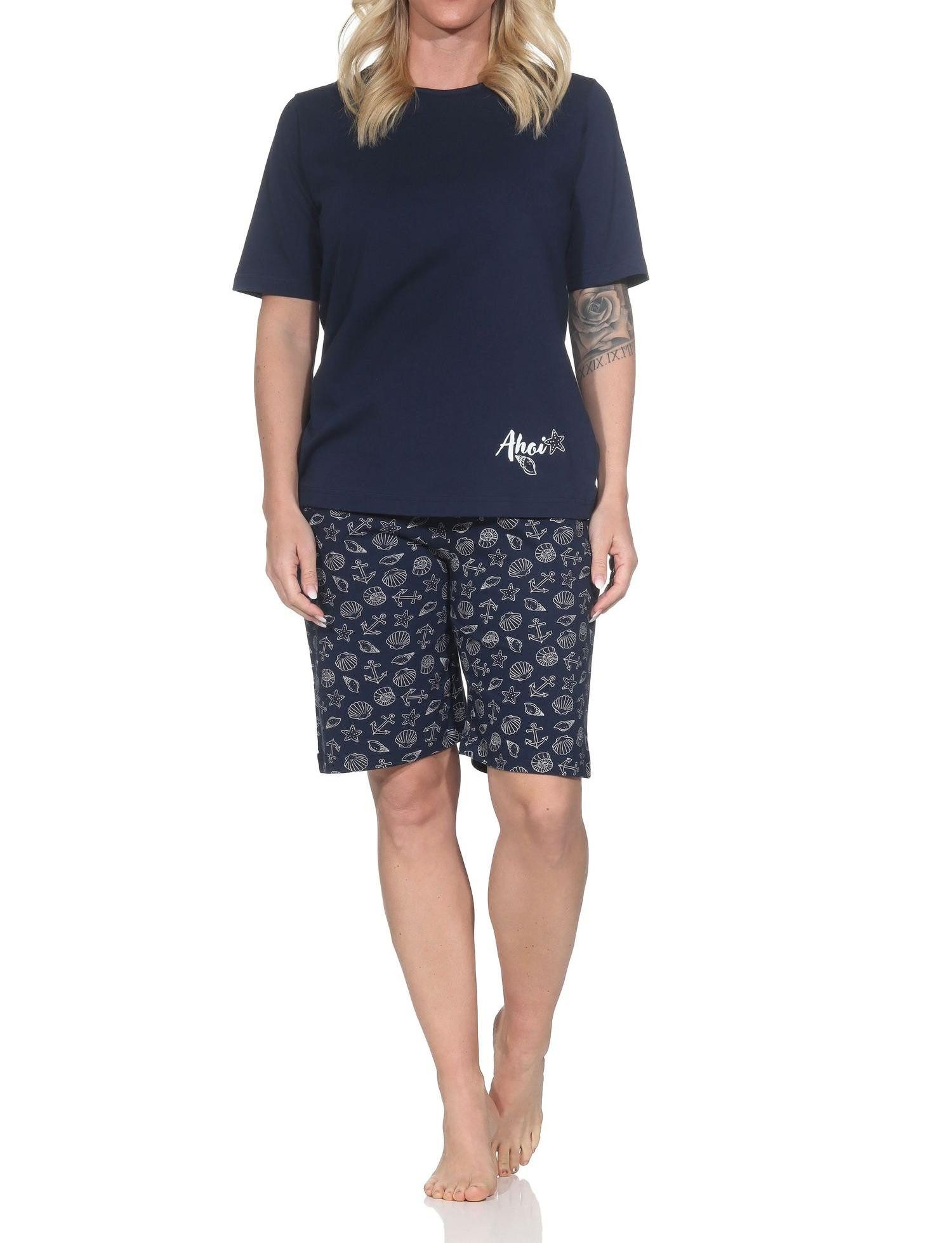Normann Pyjama Damen kurzarm Schlafanzug Shorty in maritimer Optik-auch in Übergröße