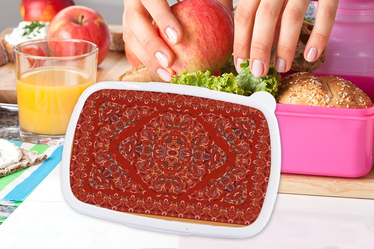 Snackbox, - Teppiche Erwachsene, Brotdose MuchoWow rosa - für Kunststoff, Muster Kunststoff - Brotbox Mädchen, Kinder, Teppiche Rot, Persische Lunchbox (2-tlg),
