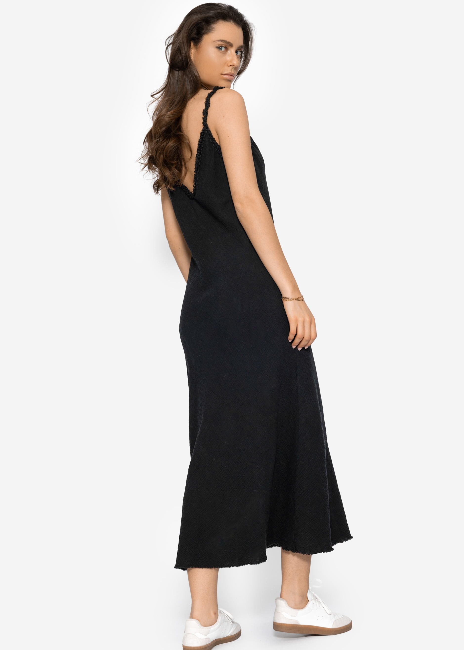 SASSYCLASSY Midikleid Musselin Maxi Kleid Damen mit Fransenborte Musselinkleid aus Baumwolle mit dezenten Fransen elegant in Schwarz