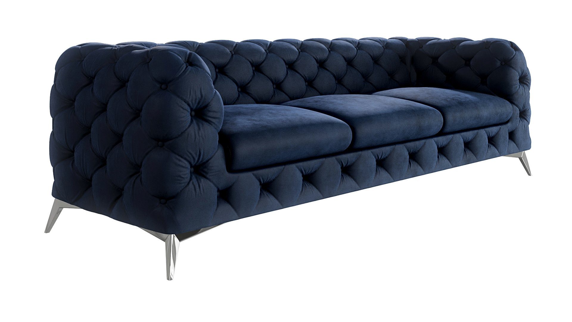 Wellenfederung Chesterfield S-Style Silber mit 3-Sitzer Kalina Metall Möbel mit Sofa Füßen, Marineblau