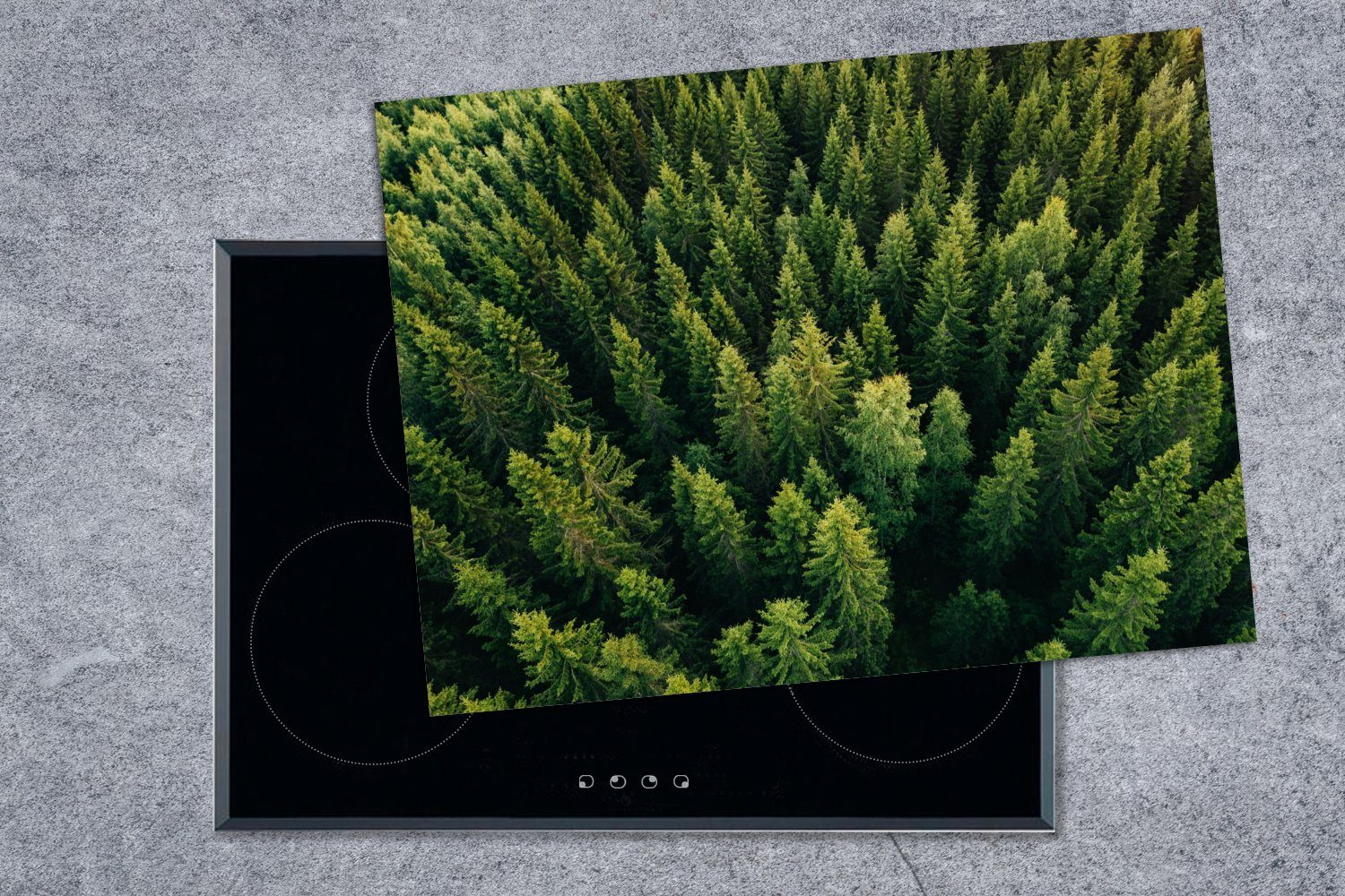 MuchoWow Herdblende-/Abdeckplatte Wald - Baum - Arbeitsfläche Vinyl, (1 70x52 Grün, Ceranfeldabdeckung Mobile nutzbar, cm, tlg)