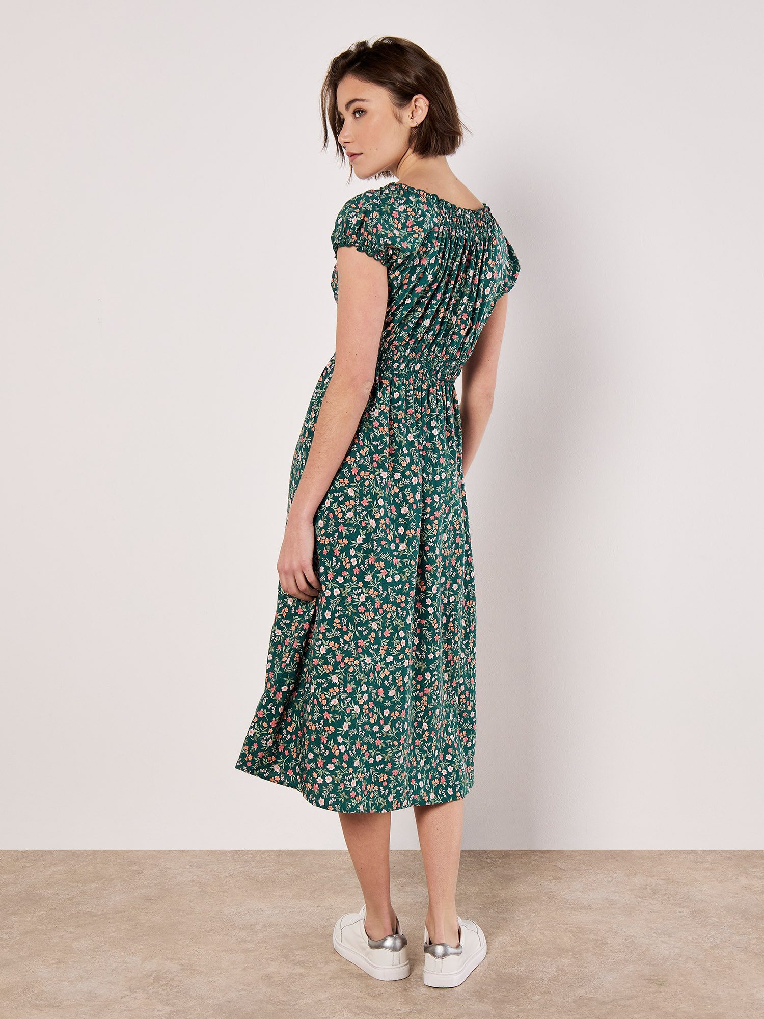 Apricot Midikleid Florales Midikleid mit gesmokter Taille