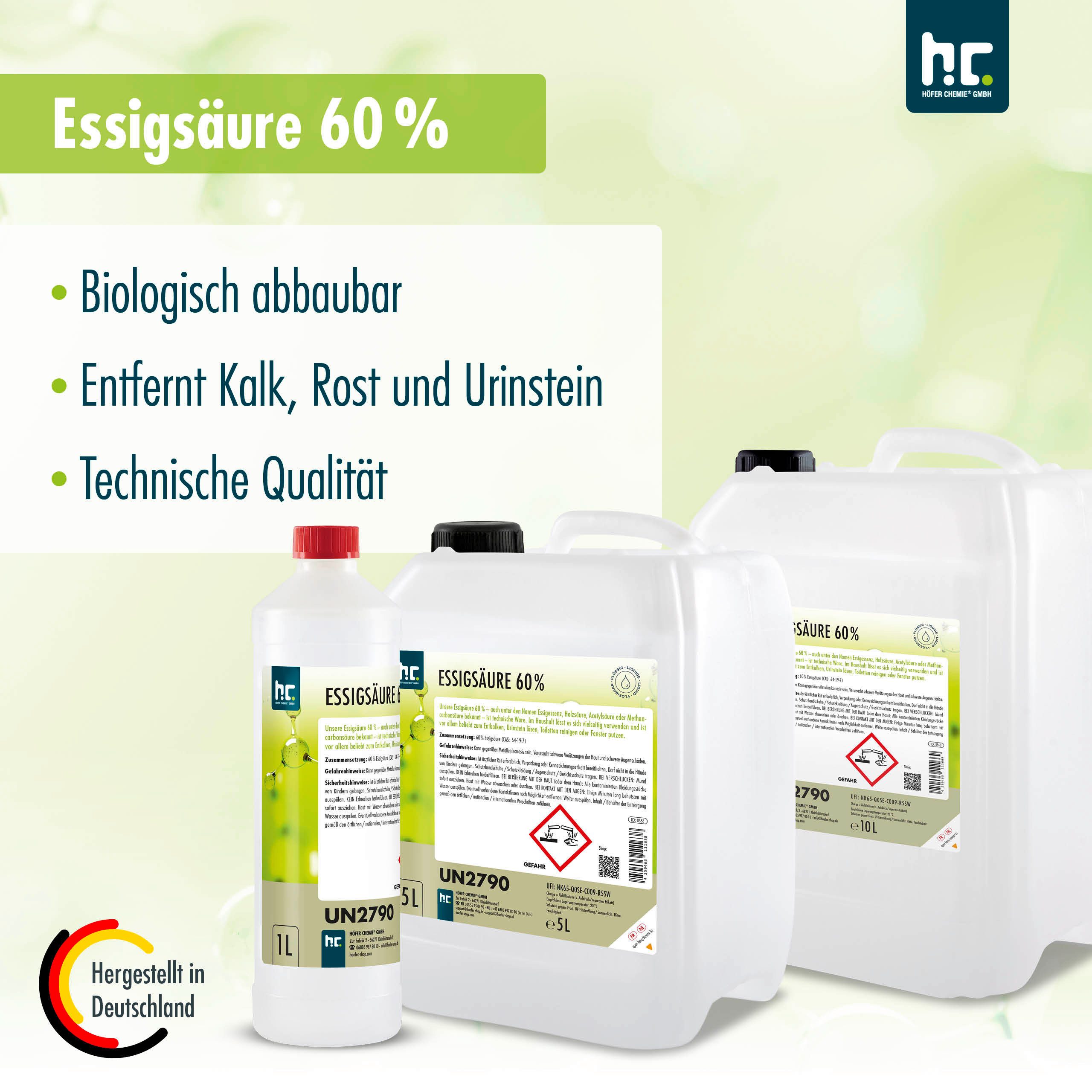 Höfer Chemie GmbH 2x 10 L Essigsäure 60% Grundreiniger (Effektiv gegen Kalk und vielseitig anwendbar)