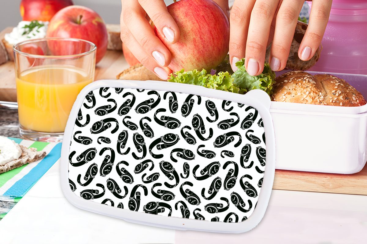Schwarz Weiß und Muster, Brotbox Lunchbox Uhr und Kinder Brotdose, für MuchoWow und Erwachsene, (2-tlg), für - Mädchen - Jungs Kunststoff,
