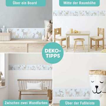 lovely label Bordüre Häschen & Rehe hellblau / blau - Wald / Waldtiere - Wanddeko Kinderzimmer, Tiere, selbstklebend