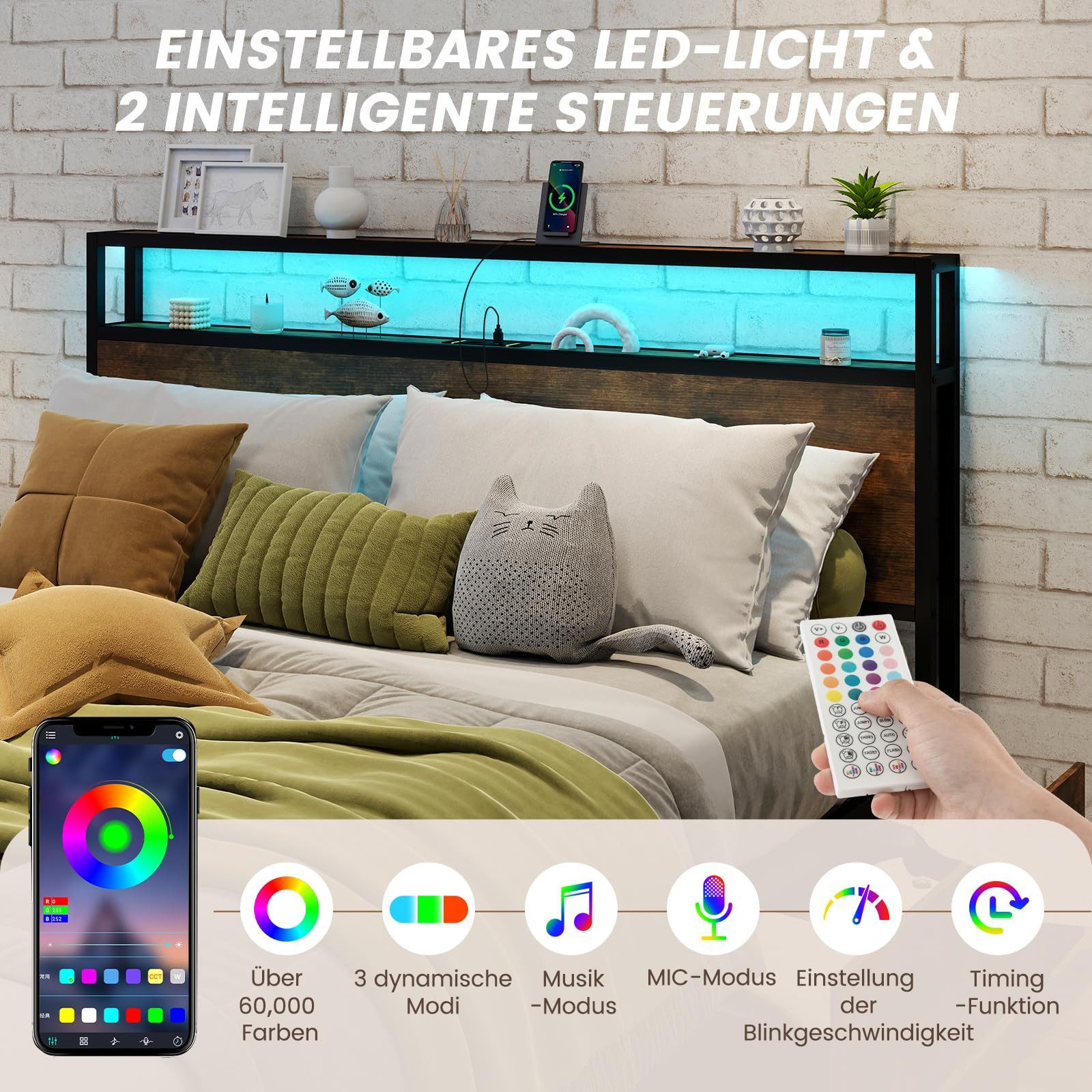 COSTWAY Bettgestell, mit LED Beleuchtung, Ladestation & 4 Schubladen, 160x200cm