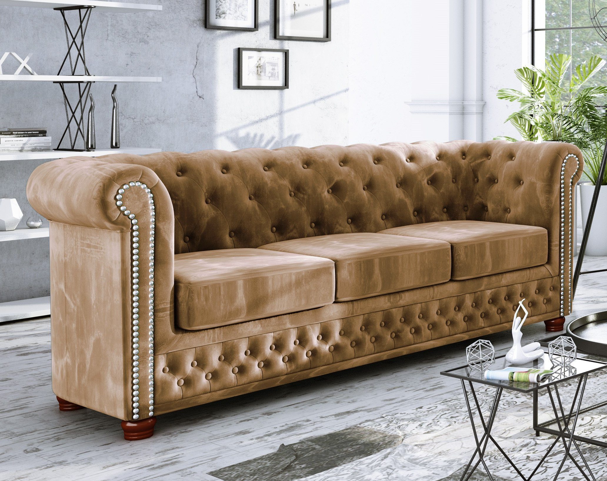 Möbel Wellenfederung Chesterfield S-Style 3-Sitzer Beige Leeds mit Sofa,