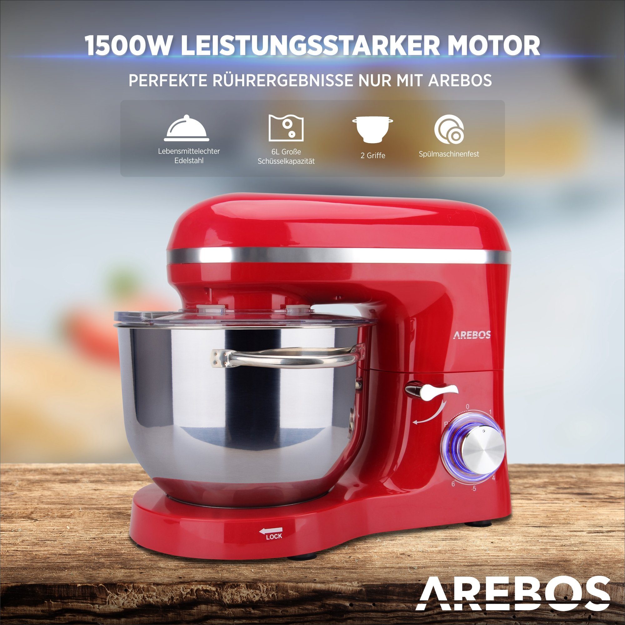 Arebos Küchenmaschine 6L Edelstahl-Rührschüssel, 1500 W, inkl. Rührhaken, Knethaken, Schneebesen, Spritzschutz – Bild 4 von 5