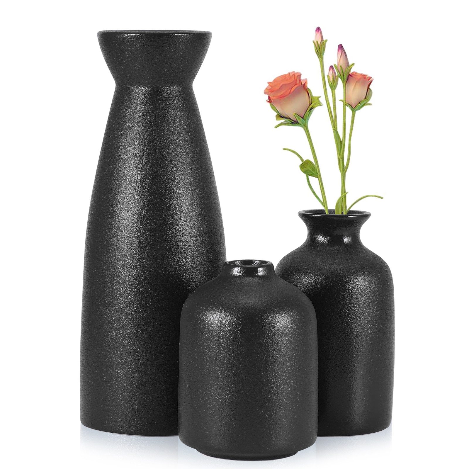 BlingBin Dekovase 3er-Set Keramik Vasen, Kleine Blumenvasen für Schnitt-/ Trockenblumen (1er Set, 1 St., Pampas-Vase: 22.5x8,5 cm;Klein Vase: 12x7 cm;Knospen Vase: 10x7.4 cm), Dekorative für Pampasgras & Getrocknete Blumen, Für Regal,Tisch