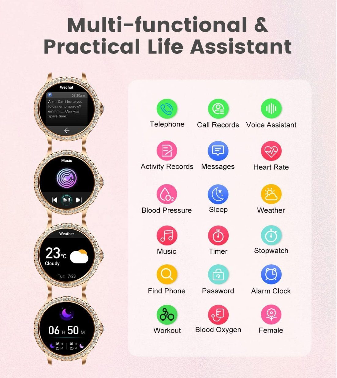 Lige Smartwatch, Damen Mit Rund iOS Android Watch Smart Wasserdicht Telefonfunktion