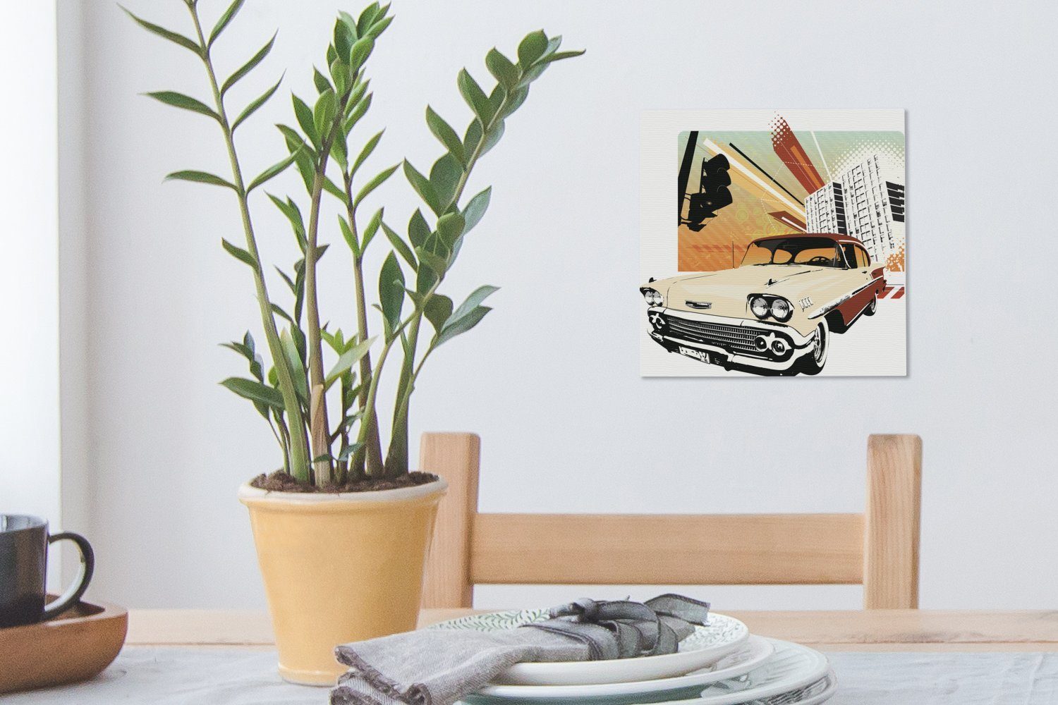 OneMillionCanvasses® Leinwandbild Illustration eines Wohnzimmer Stadt, St), für in (1 Schlafzimmer Oldtimers einer Leinwand Bilder